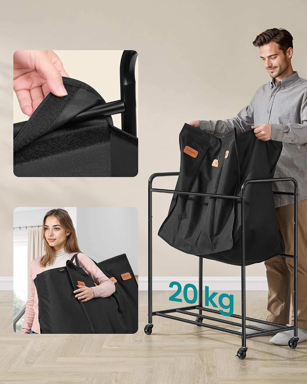 Detalle 2 de SONGMICS RLS460B01 tvättsorterare på hjul, 200 liter med fyra fack