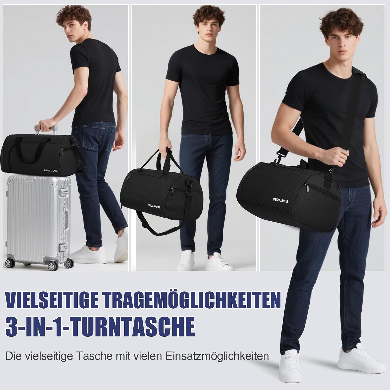 Detalle 2 de BECOJADDE Sporttasche 25L – wasserdichte Nass- und Schuhfach-Duffel für Fitness, Reisen und Schwimmen (Schwarz)