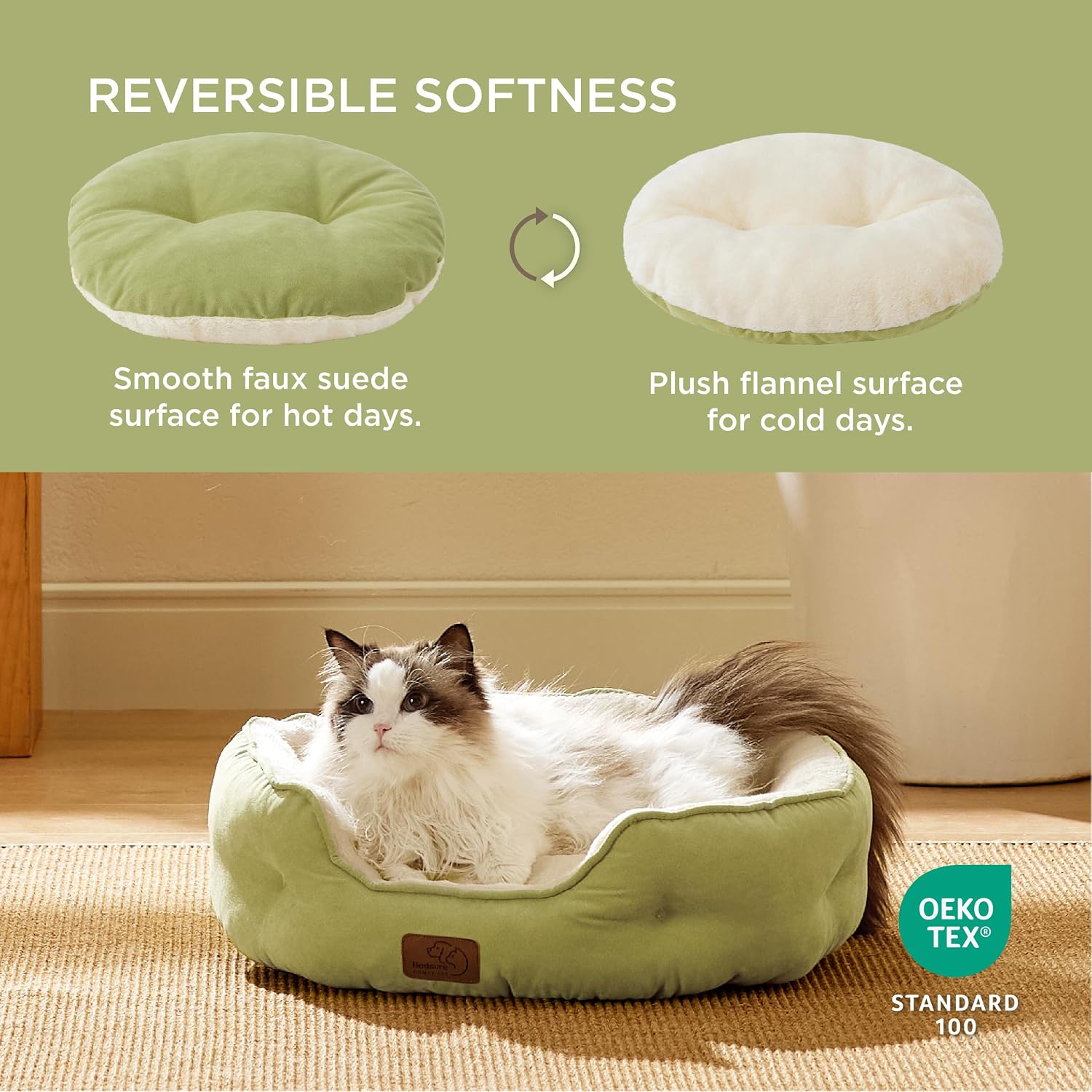Detalle 2 de Bedsure B0P1E00N0S02 Round Pet Bed, 20-Inch Plush Bolster, Green