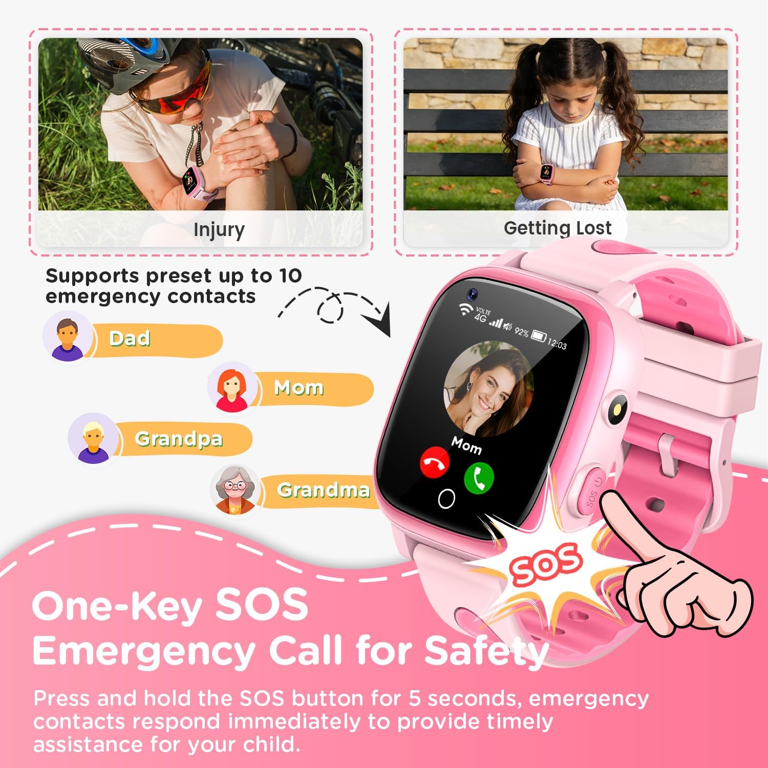 Thumbnail 2 de whraills 2026 Nuovo Smartwatch Bambini 4G con Videochiamata, GPS e Modalità Scuola – Rosa