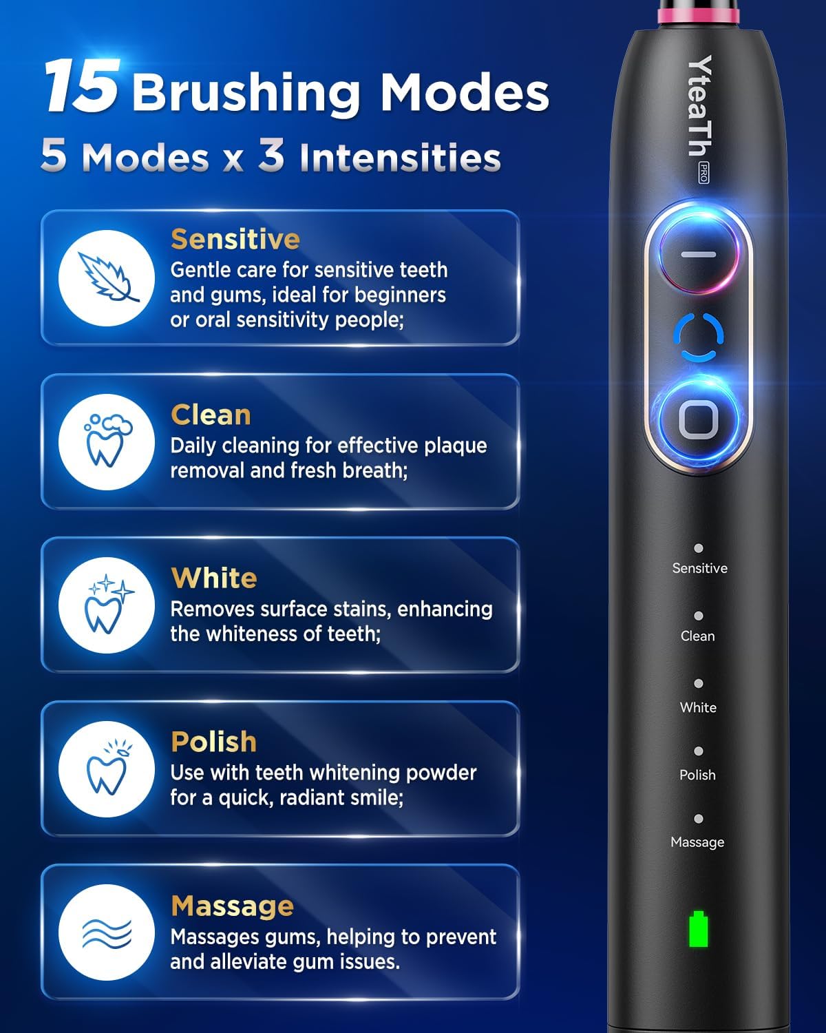 Detalle de Rotating Electric Toothbrush with 8 Brush Heads (2 Types) for Adults | 3 Intensities, 5 Modes, and Wall Charging