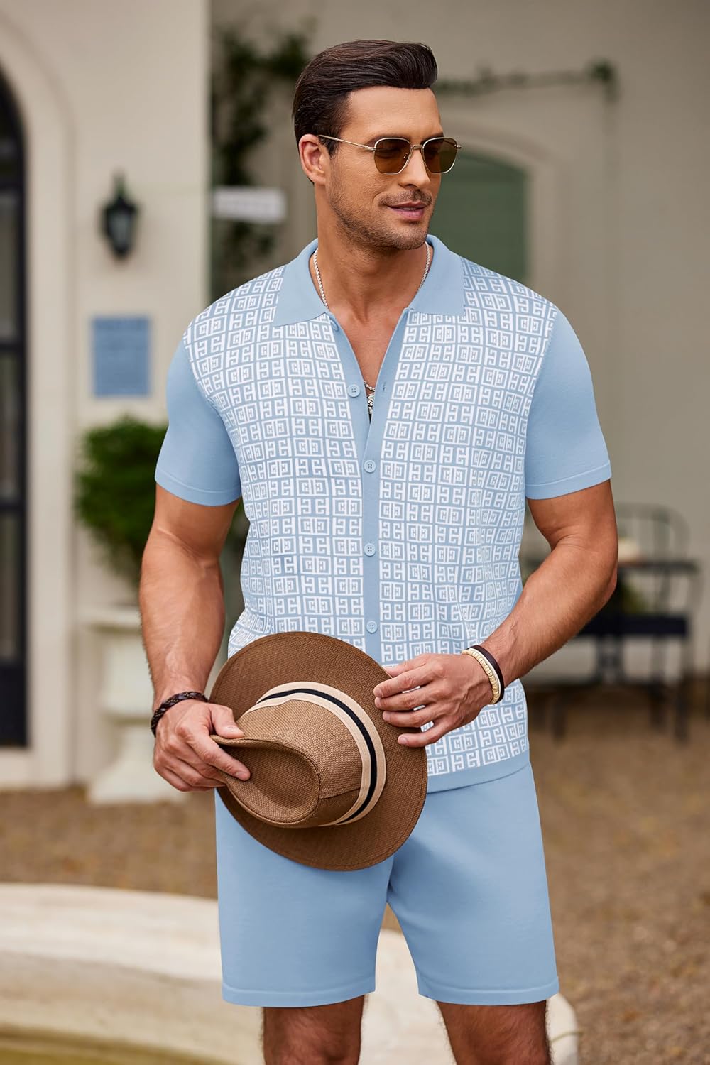 Thumbnail 3 de COOFANDY Men's 2 Piece Vintage Knit Polo & Beach Shorts Set