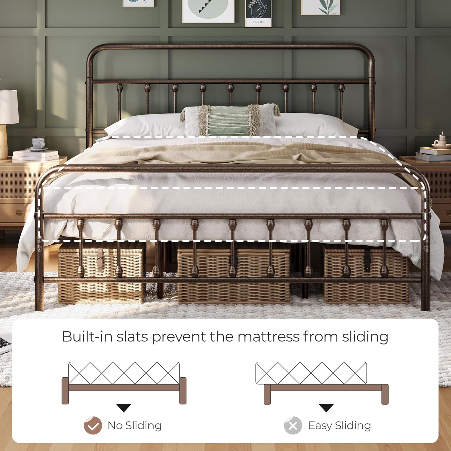 Detalle 2 de Yaheetech YT-00119417-001 King Metal Platform Bed, Victorian Headboard, Bronze