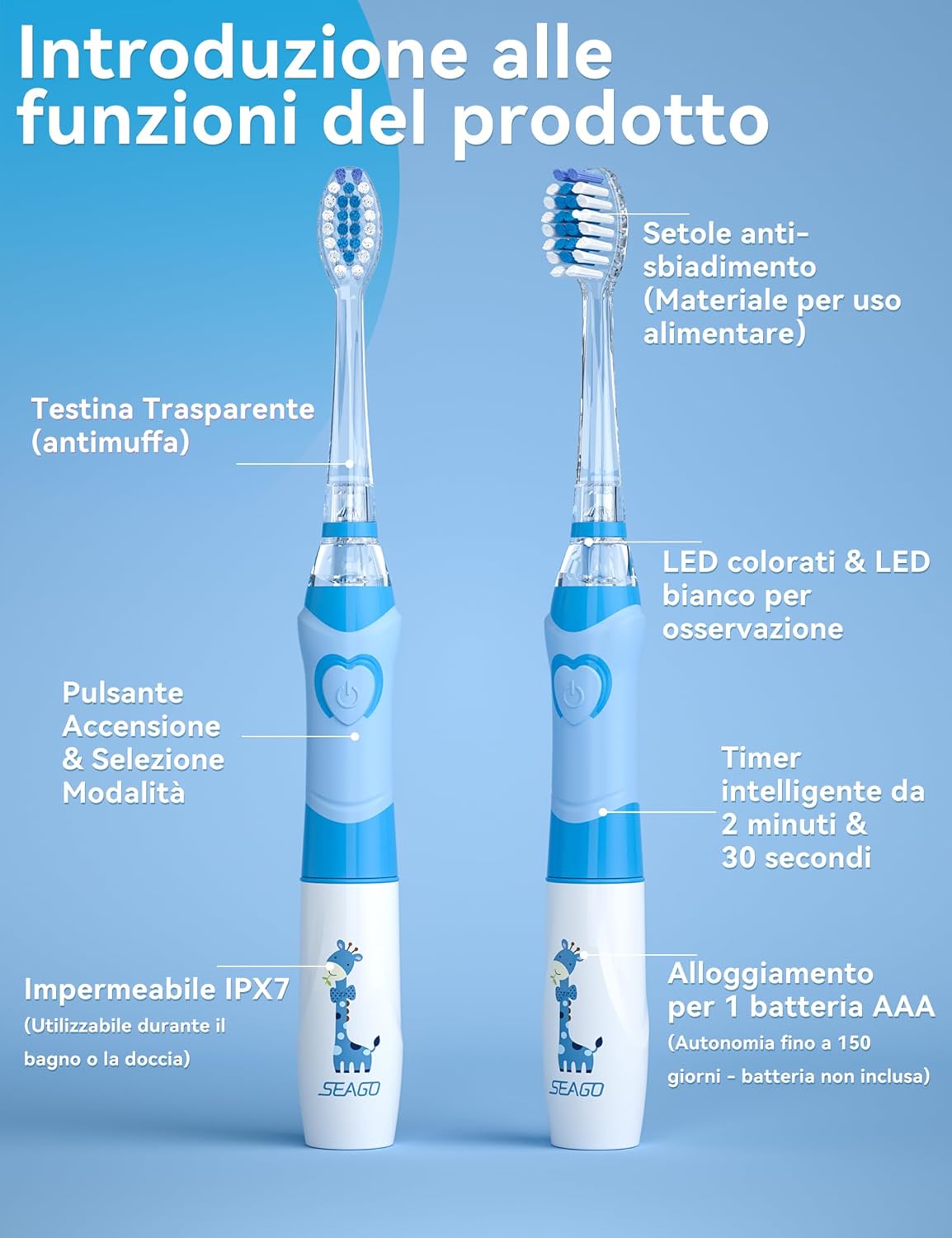 Thumbnail 3 de Seago Spazzolino Elettrico Bambini 3-12 anni SG-977 (azzurro) con 4 testine, LED e timer