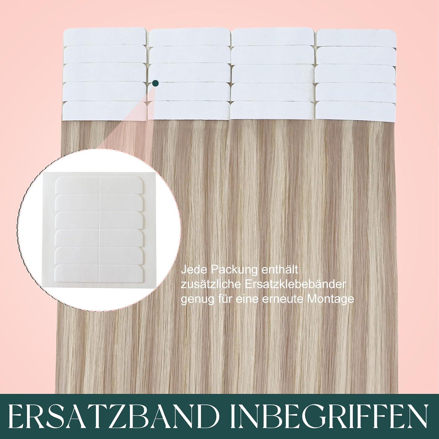Detalle de Easyouth Tape Extensions Echthaar Blond – Haarverlängerung Aschblond Highlight #P18/613, 20 Stk, 45 cm