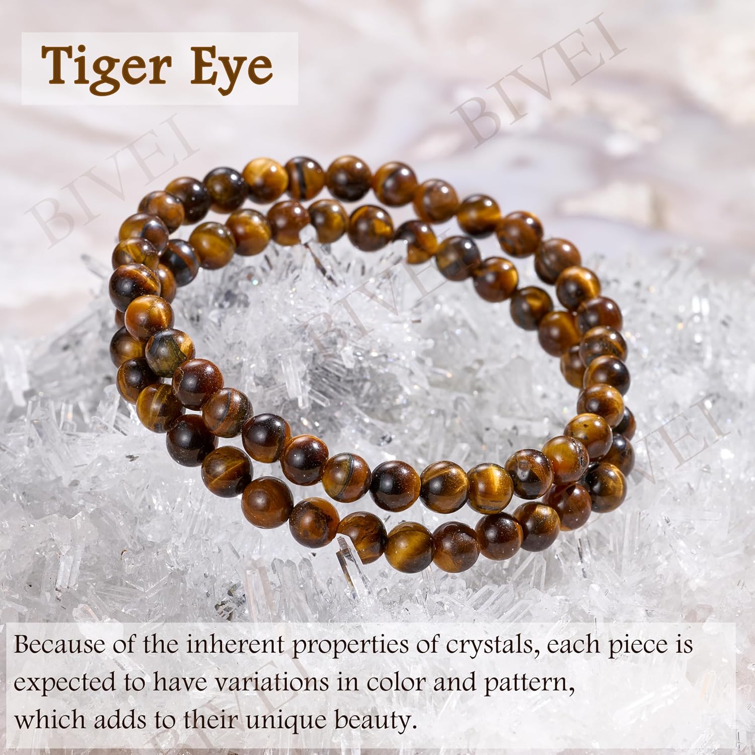 Detalle 2 de Bivei braccialetto da donna con perline 6 mm in cristallo naturale e occhio di tigre, elastico