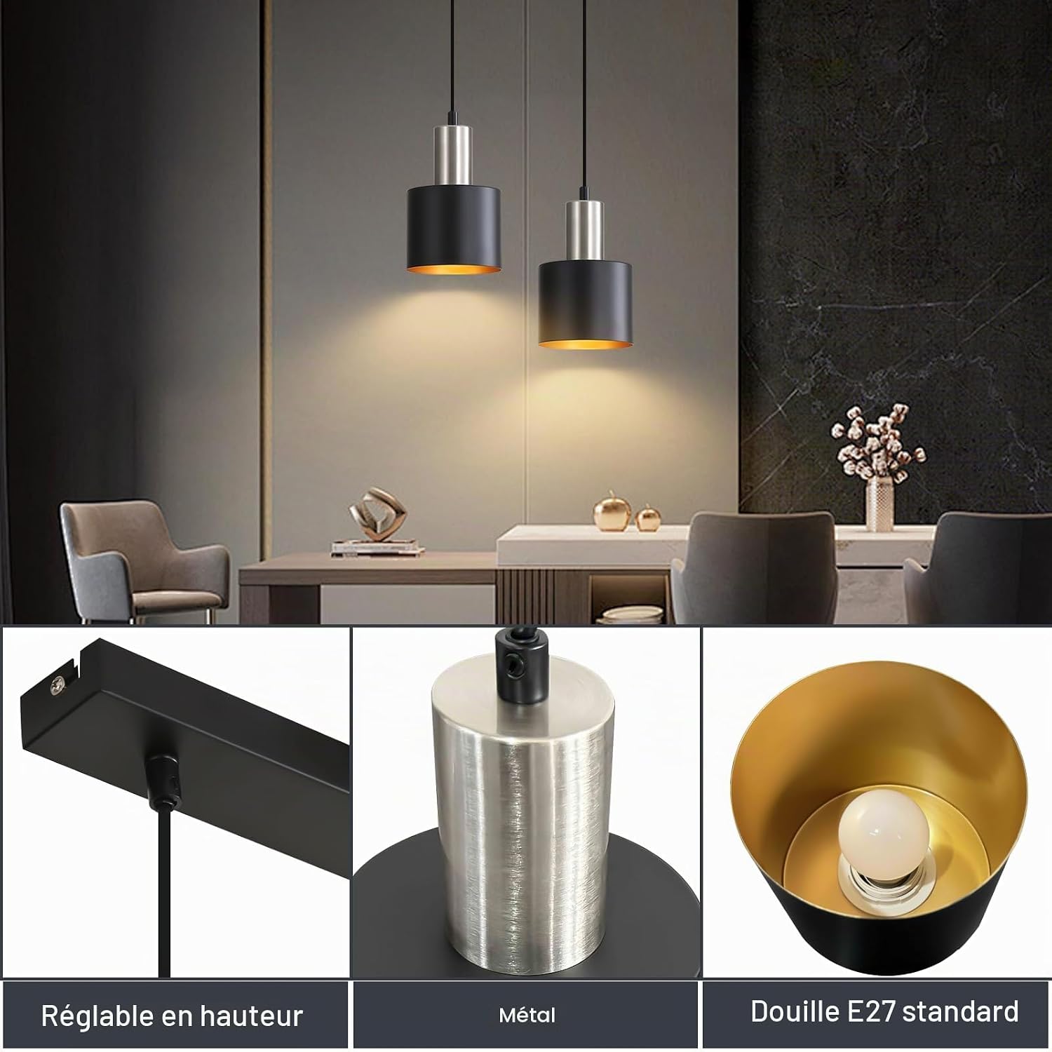 Detalle de Lichtmaler E27DD-02 hanglamp, zwart metaal, 2 lichtpunten en E27