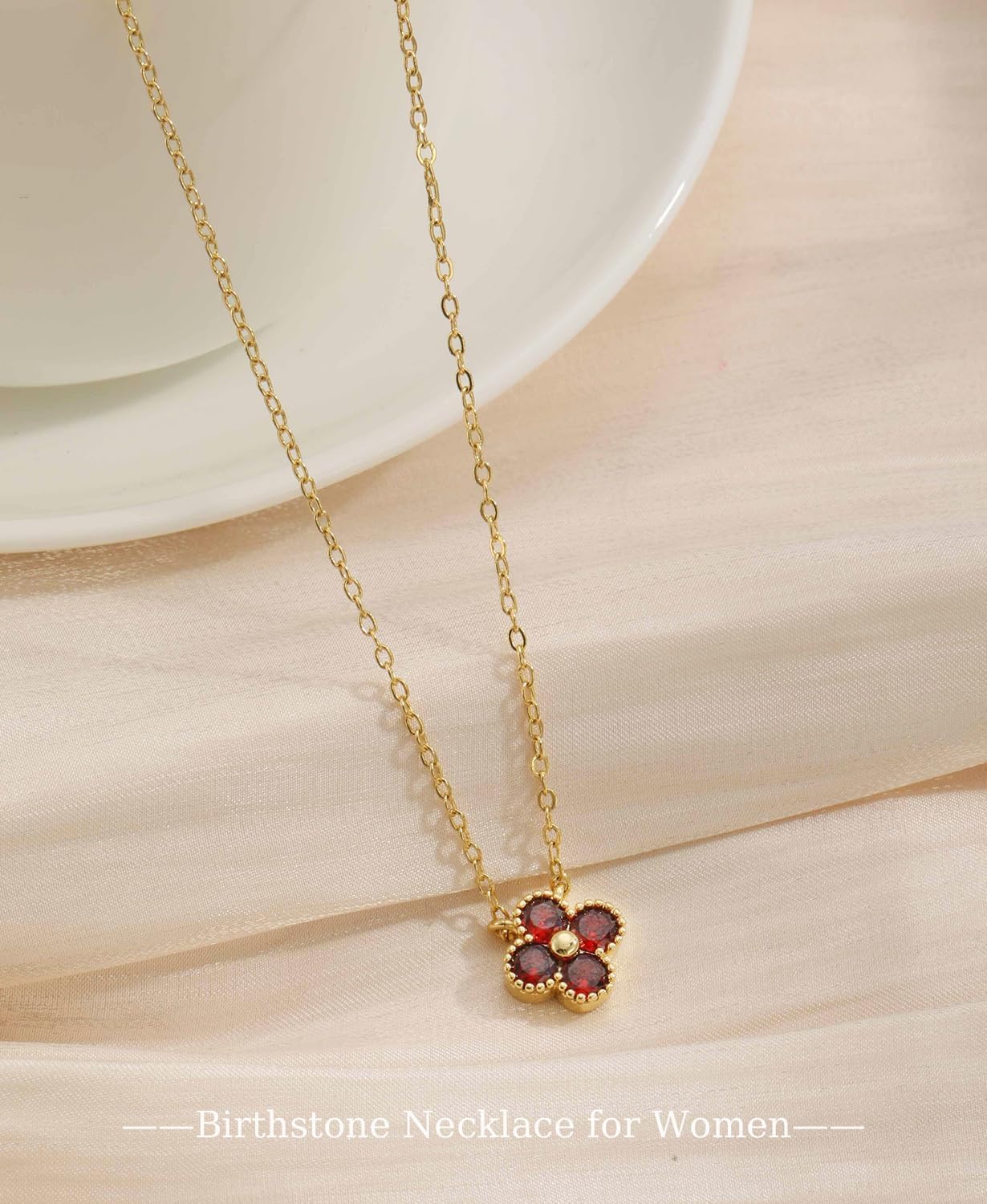 Detalle de FUN EIA Kette Gold Damen mit Geburtsstein Anhänger – verstellbare 18K Vergoldete Kleeblatt Halskette