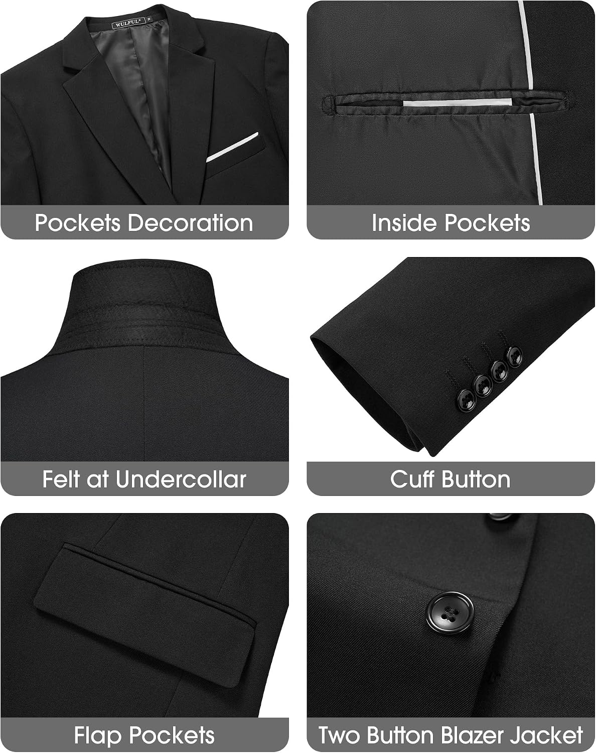 Detalle de WULFUL Men’s Slim Fit 3-Piece Suit Set (Two-Button Blazer, Vest & Pants)