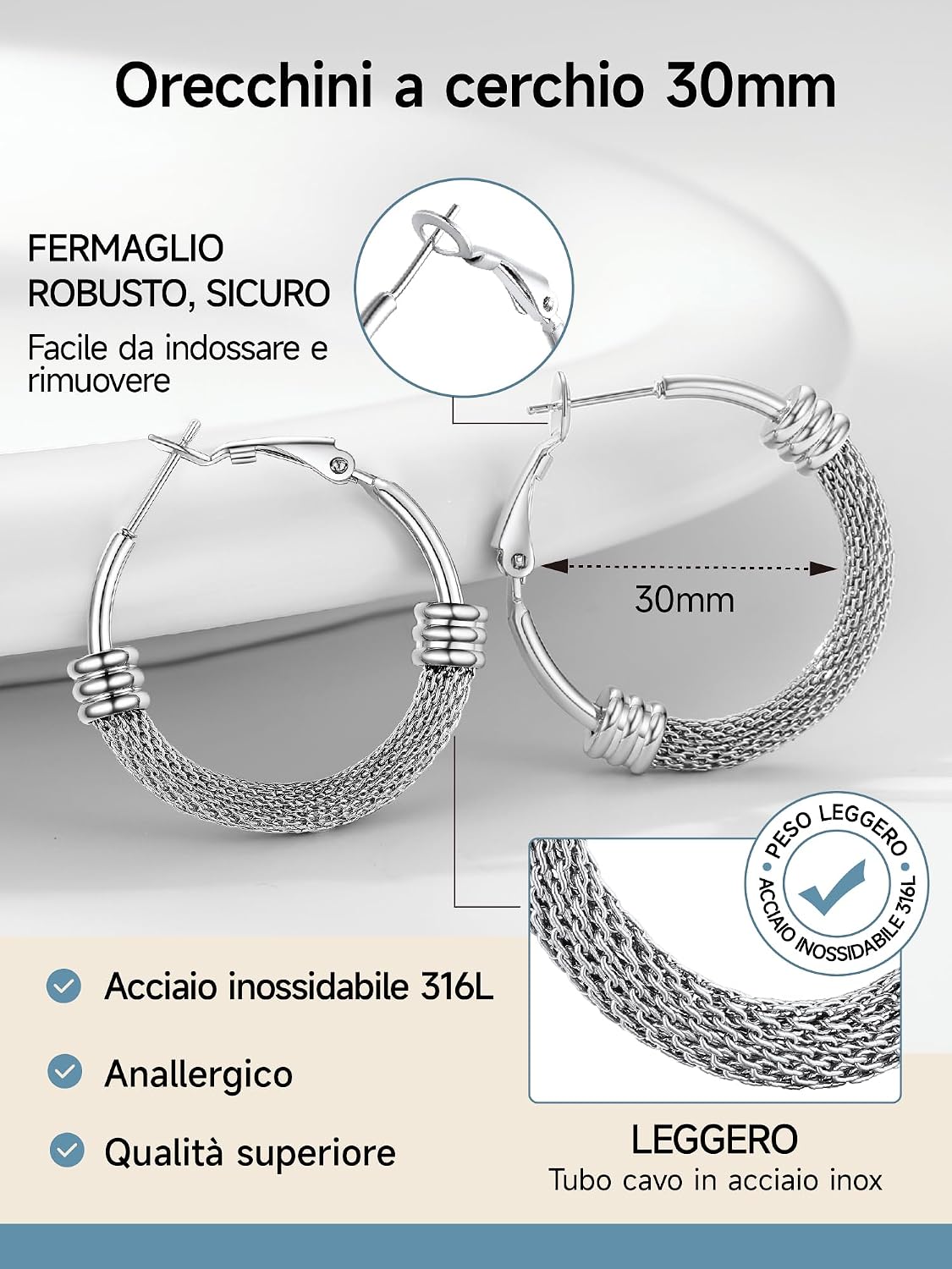 Detalle de PROSTEEL Orecchini cerchio a maglia metallica in acciaio ipoallergenico 316L, varie dimensioni