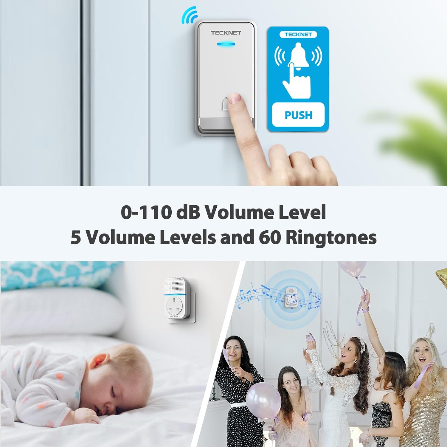 Detalle 2 de TECKNET Self-Powered Doorbell 3‑receiver 🔔