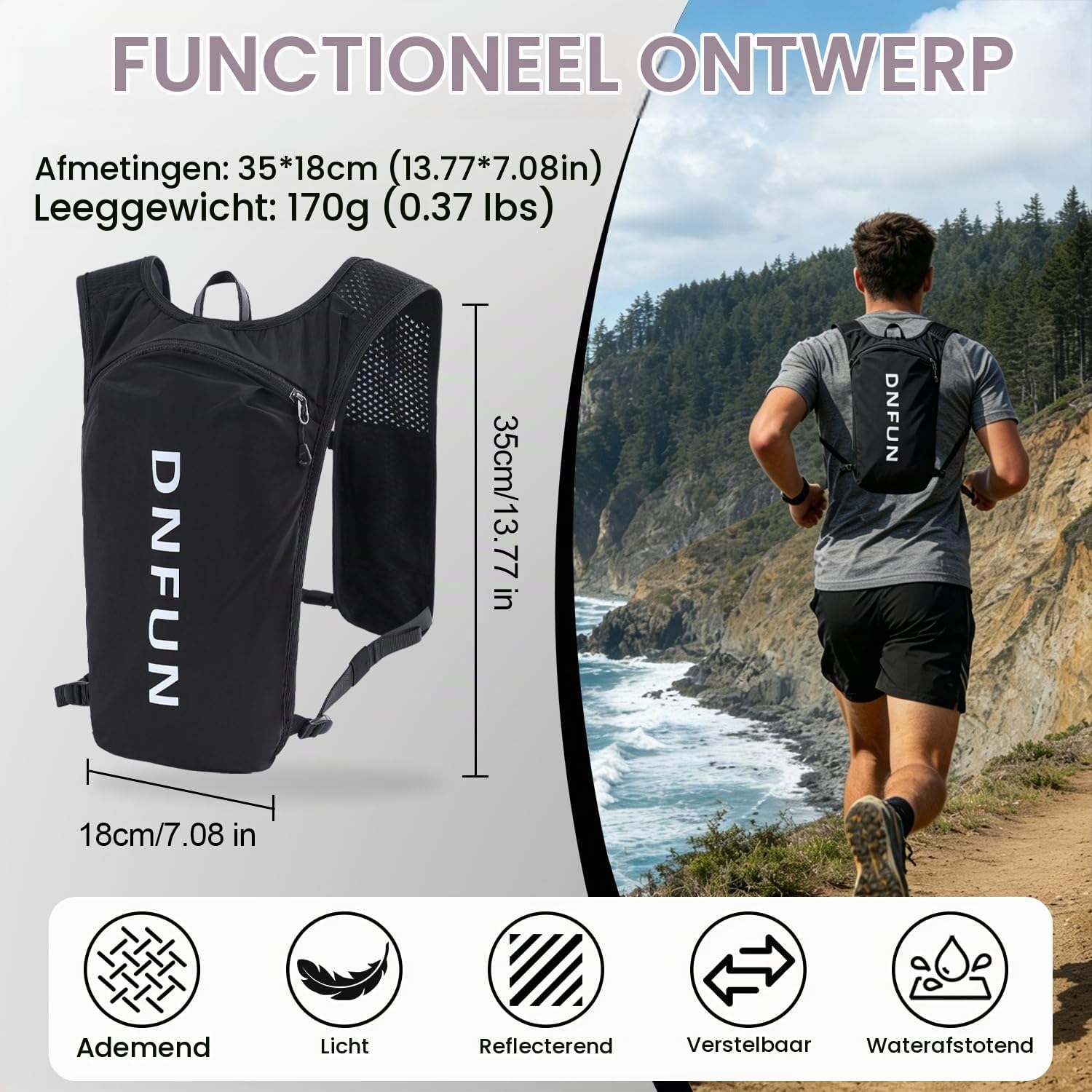 Detalle 2 de DNFUN Laufweste Damen Herren Trinkblase hardloopvest 5 l met reflectie