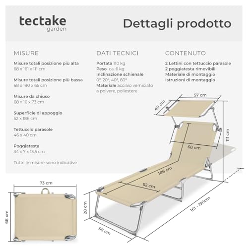 Detalle de tectake Set da 2 Lettini Prendisole Pieghevoli 190x68x111 cm con Parasole, Cuscino e Maniglia – Beige
