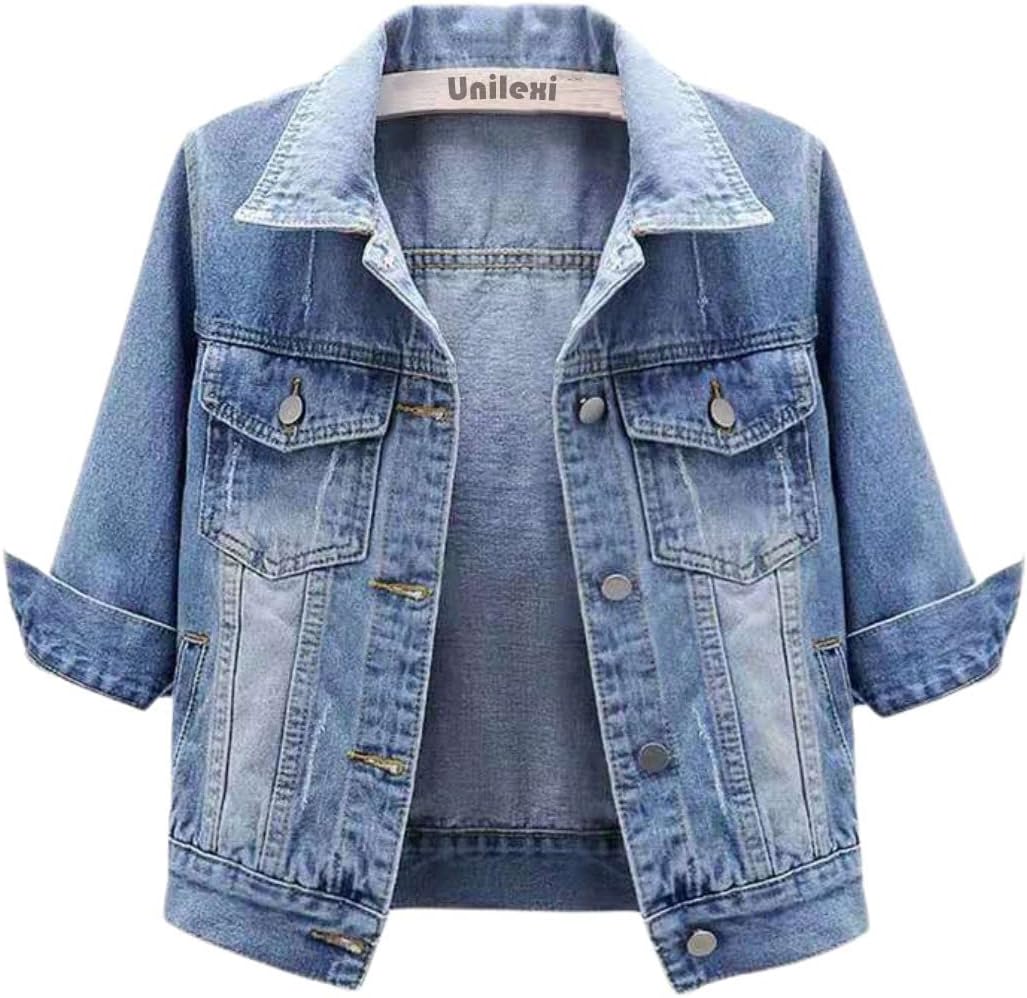 Detalle de Unilexi Women's 3/4 Sleeve Colored Cropped Denim Jacket
