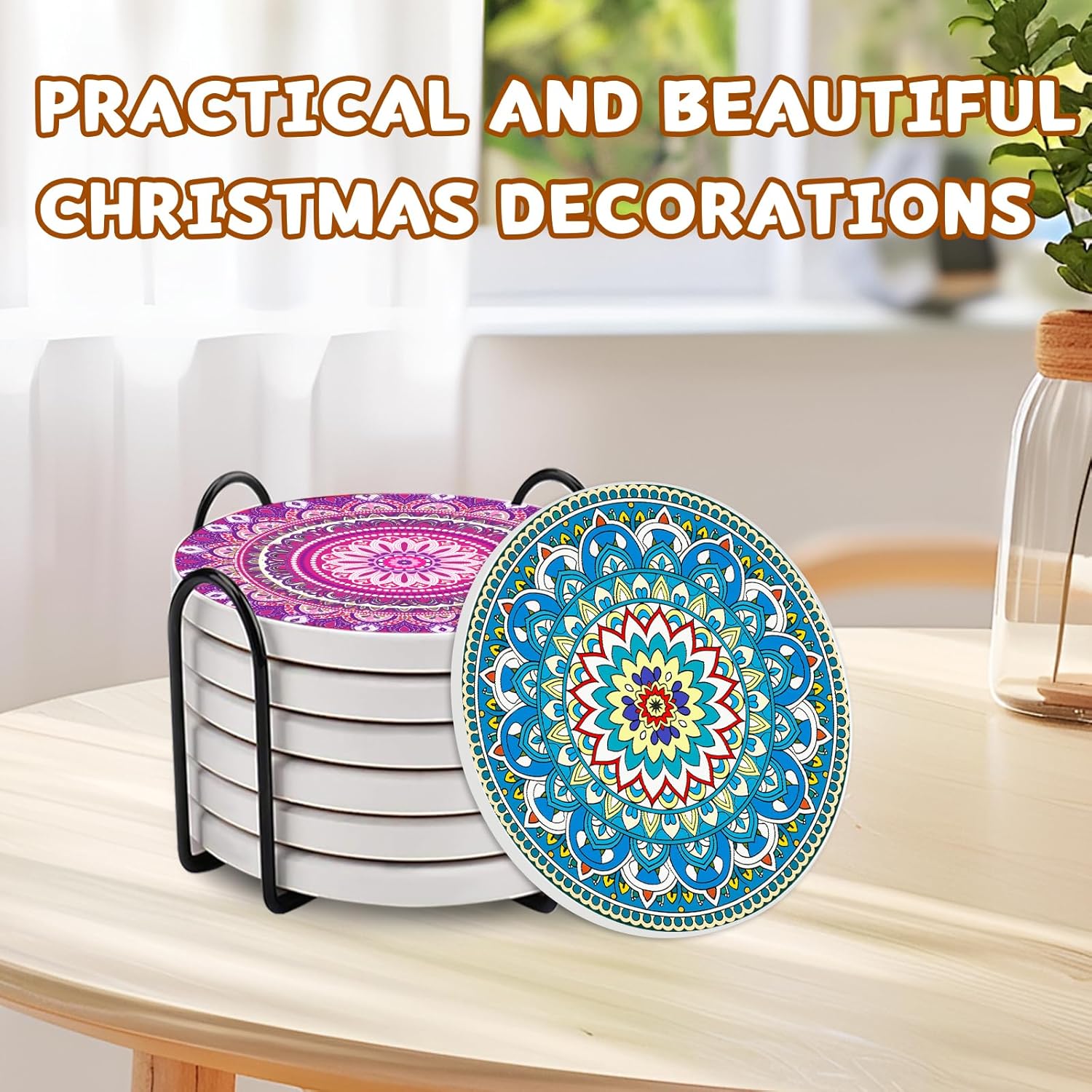 Detalle de Bohemia Mandala Ceramic Coasters, Set of 6 with Metal Holder