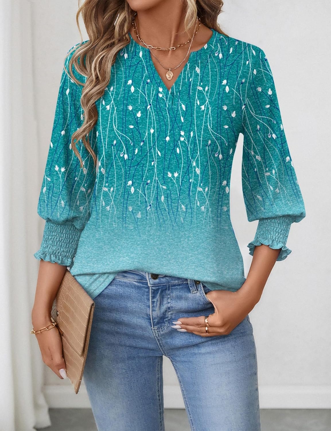 Detalle de Rapbin Damen Bluse 3/4 Arm Langärmlig V-Ausschnitt Tunika – Sommer-Tops, locker & elegant