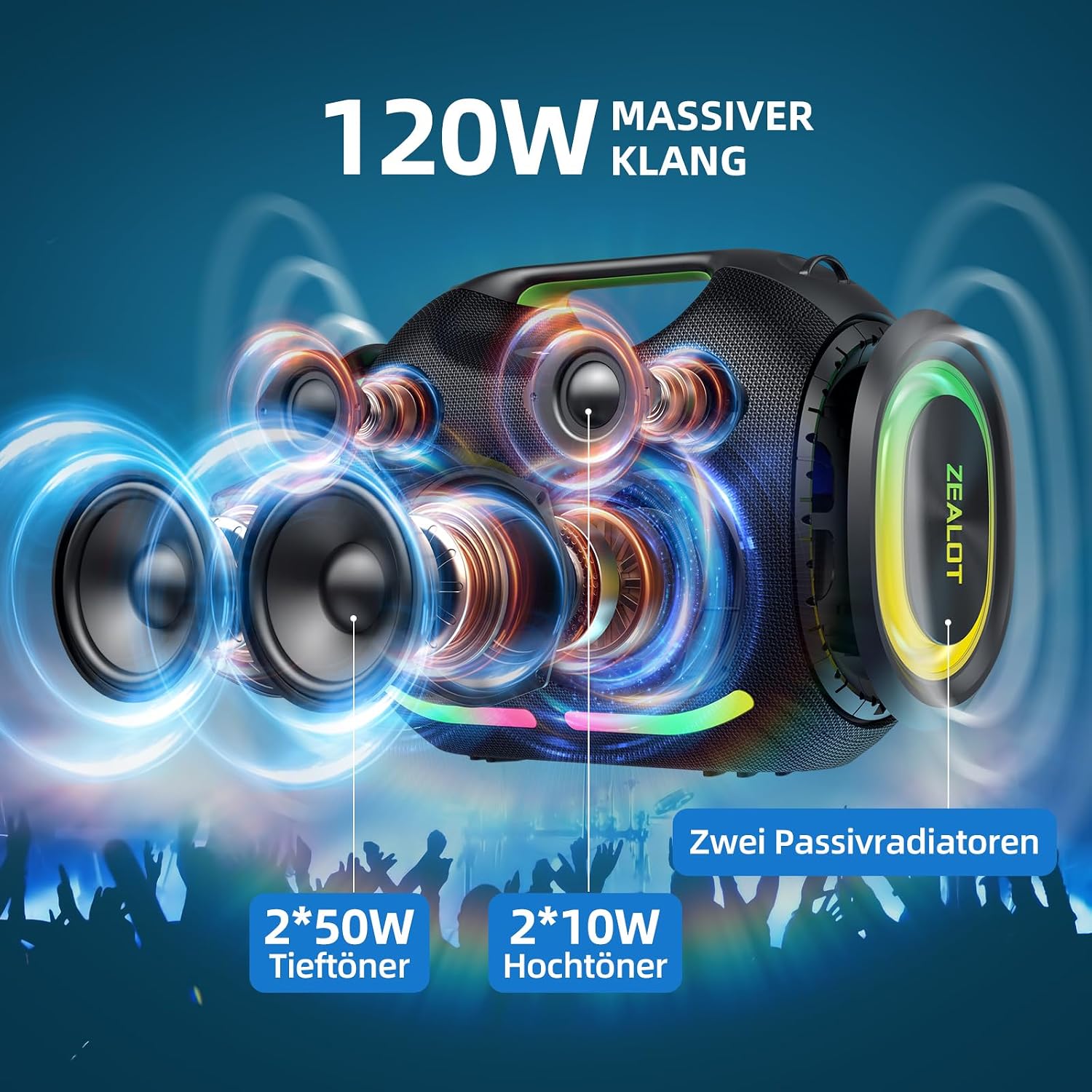 Thumbnail 1 de Zealot Tragbarer Bluetooth-Lautsprecher 120W mit Dual-Kopplung, AUX, USB und TF-Karte (IPX6)