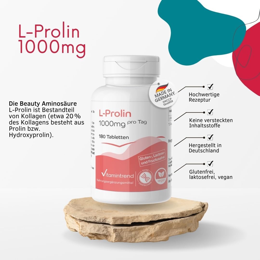 Thumbnail 1 de Vitamintrend L-Prolin 1000 mg pro Tagesdosis – hochdosiert, vegan, in Deutschland hergestellt