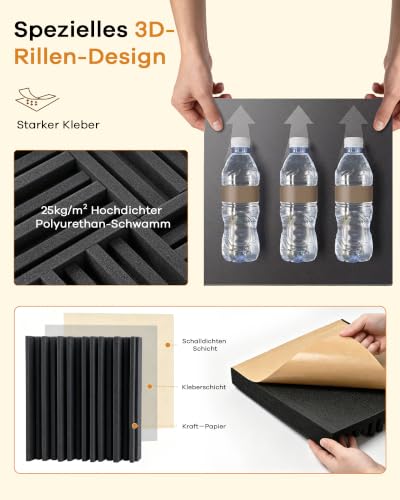 Detalle de HERTBER 24 Stück Akustikschaumstoff Selbstklebend – 30 × 30 × 5 cm, Schwarz