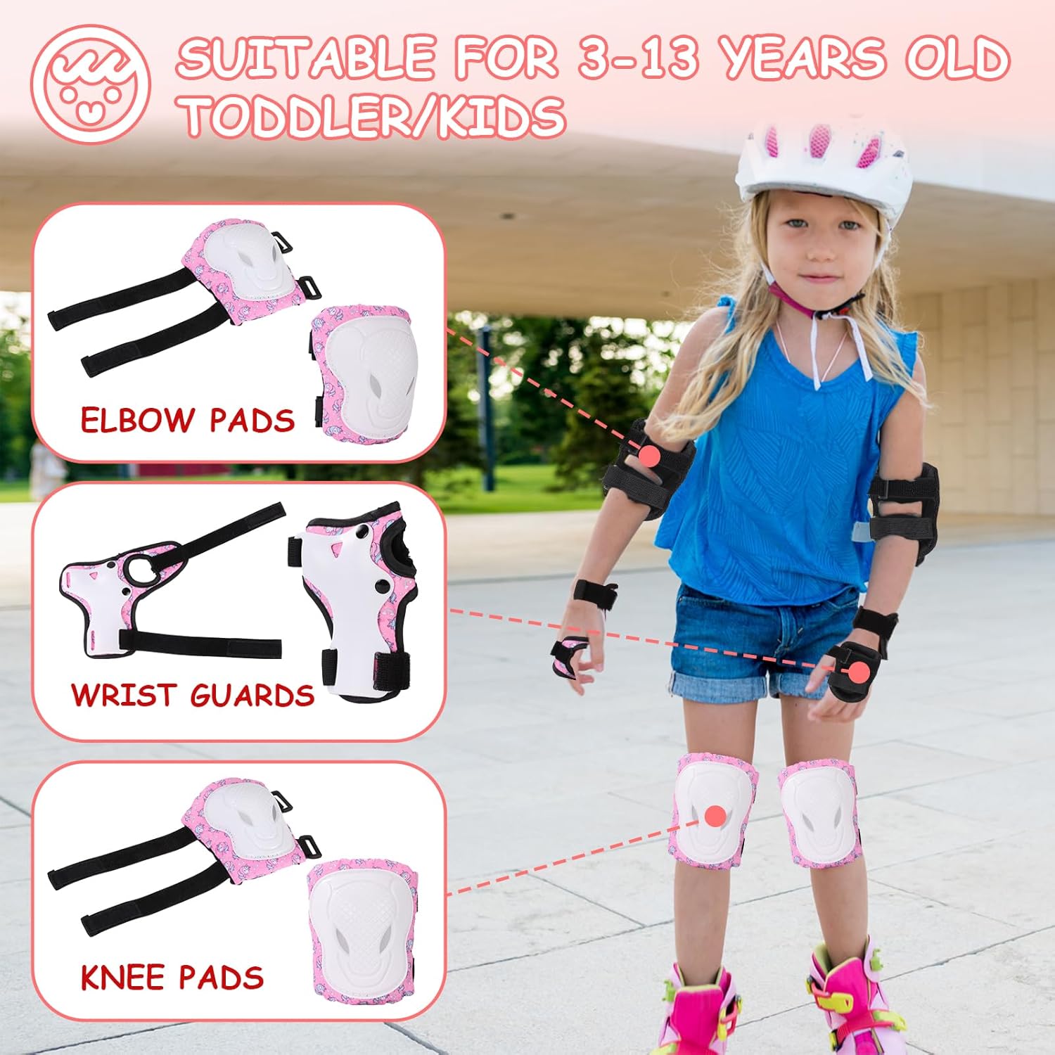 Detalle de BURSUN Knieschoner Kinder 6-in-1: verstellbares Protektor-Set für Inliner, Skateboard & mehr