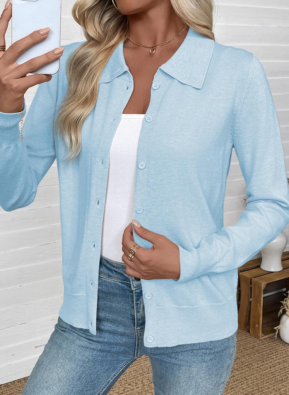 Detalle 2 de EVALESS Women's Lightweight Wool-Blend Cardigan Sweater with Button Front