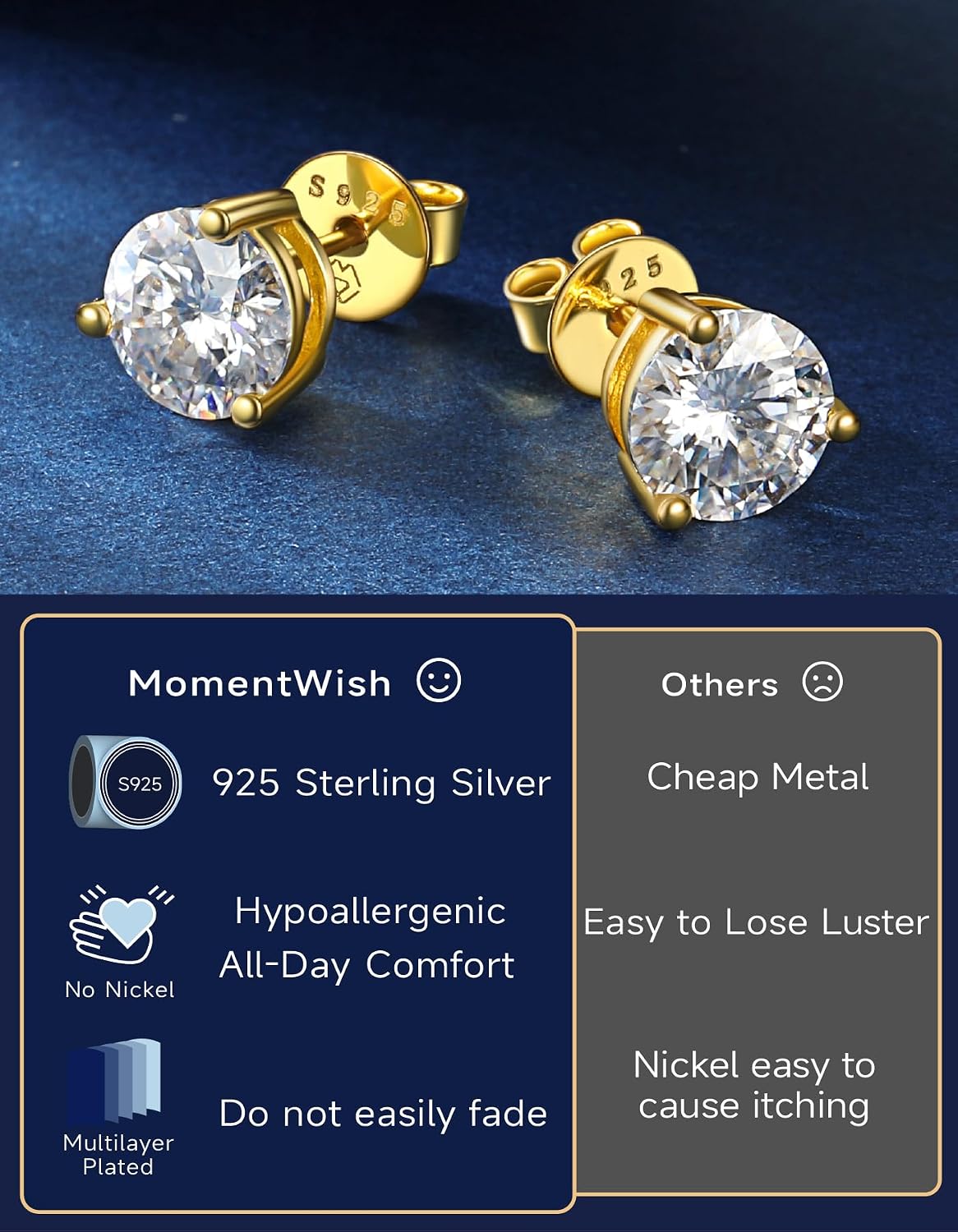 Thumbnail 5 de MomentWish Moissanite Ohrstecker aus 925 Silber, 0,6–3 Karat – vergoldet, hypoallergen