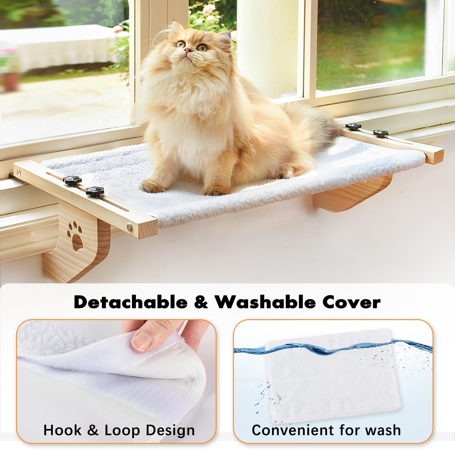 Detalle de AMOSIJOY SP110 Cat Windowsill Perch with Wood and Metal Frame, Washable Cover