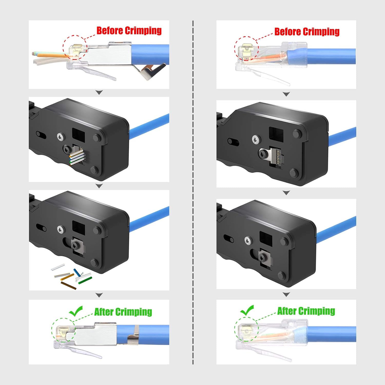 Detalle 2 de VCELINK GJ671BL pinza crimpatrice passante RJ45 (RJ12/RJ11) per connettori 8P8C e 6P6C/6P4C