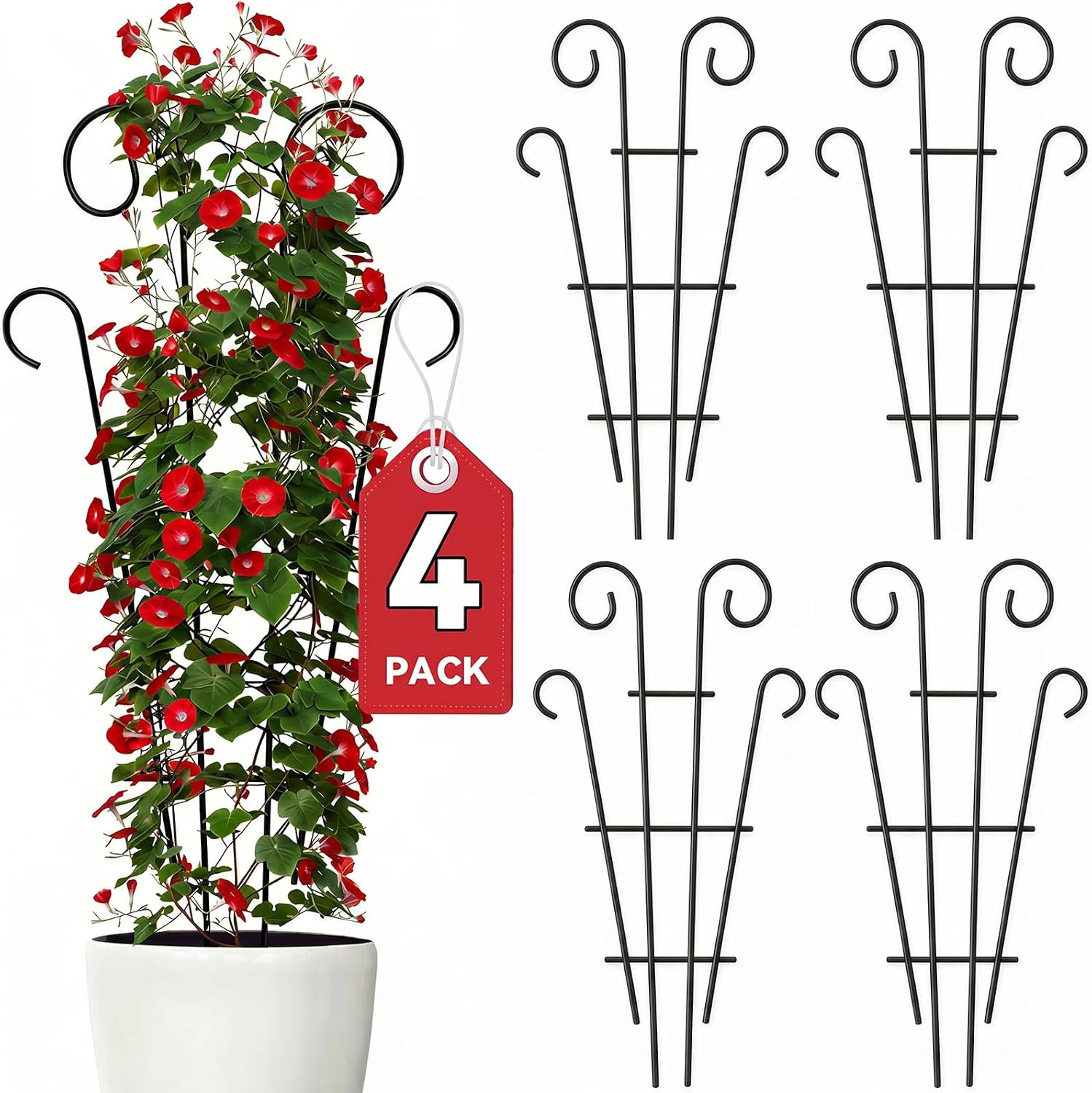 Detalle de Thealyn 4-Pack 32-Inch Plant Trellis for Potted Climbers – Wave-Style Metal Support (Black)