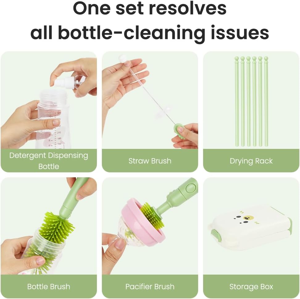 Thumbnail 2 de Vicloon 6 in 1 Baby Bottle Brush Set – Travel Cleaning Kit (Green)