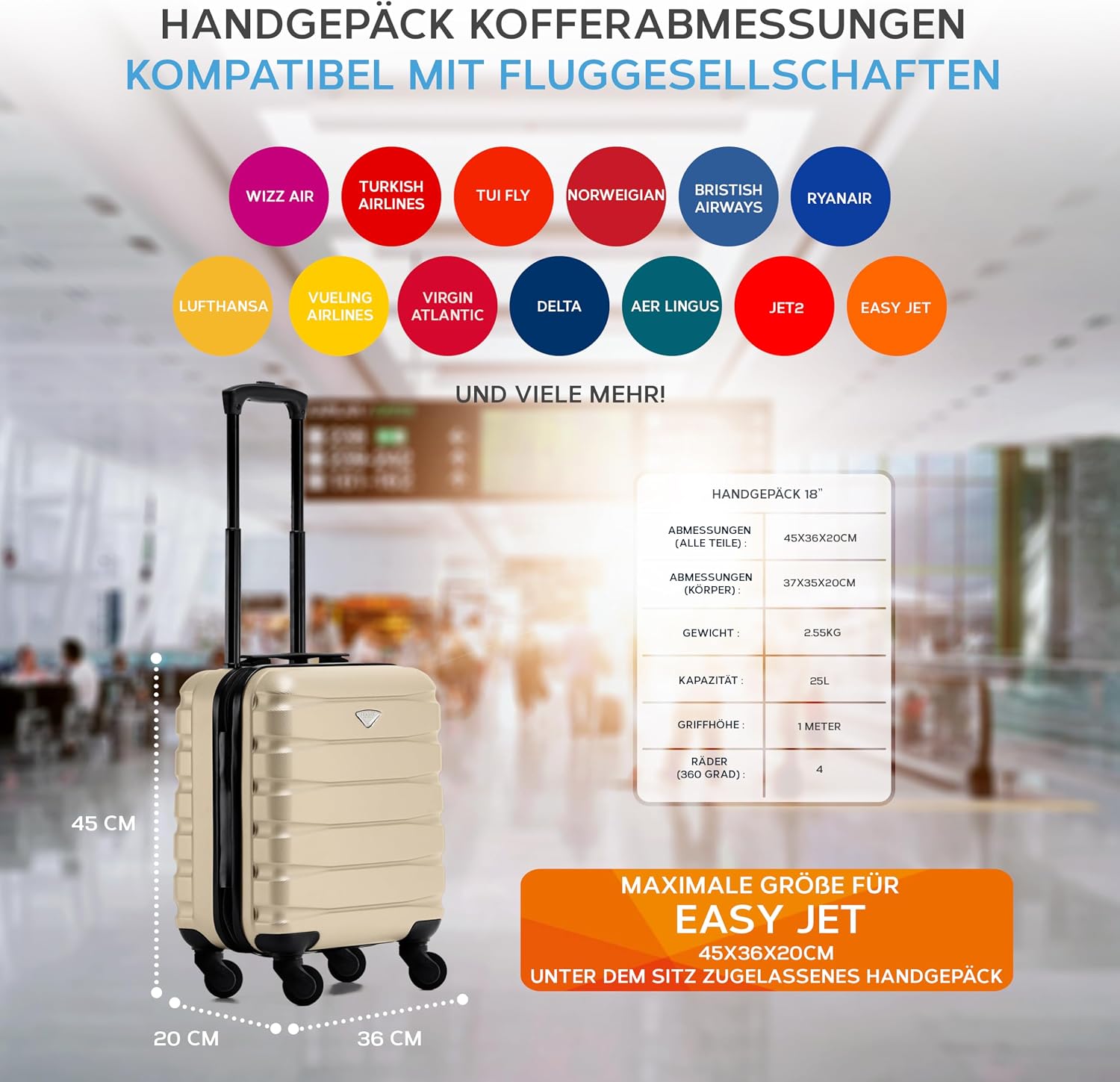 Detalle de Flight Knight Leichtes Abs-Handgepäck mit 4 Rollen – 45x36x20 cm, airline-kompatibel