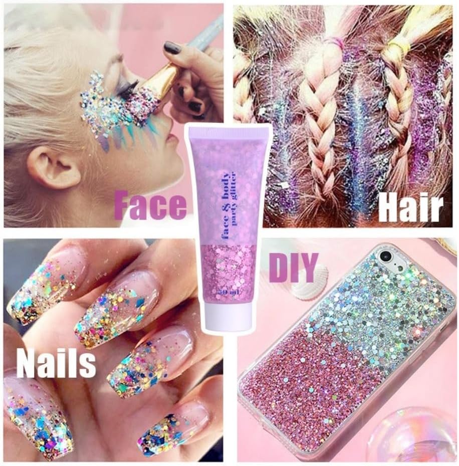 Detalle de Body Glitter Gel (50ml) – Holographic blue face & body glitter gel for eyes, hair, lips and nails