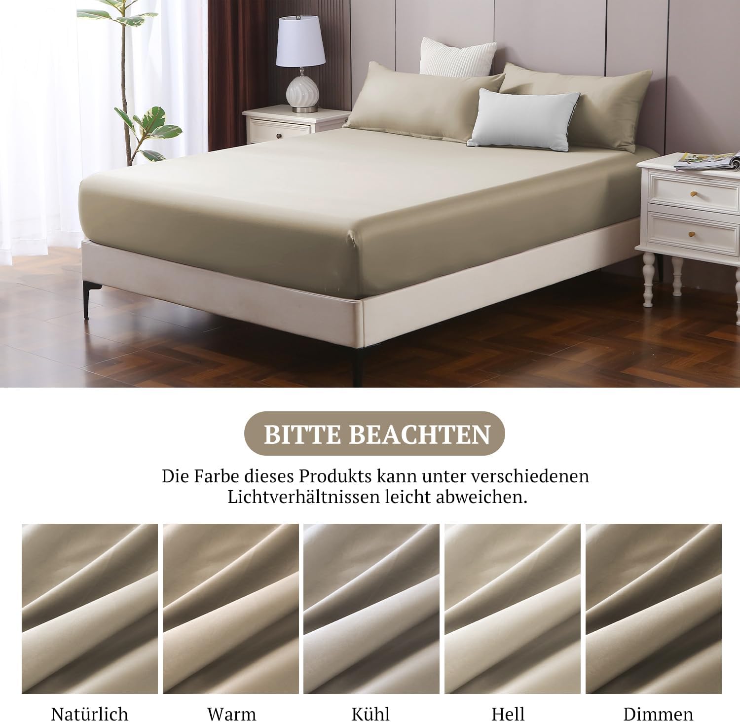 Thumbnail 6 de SOULFUL Satin Spannbettlaken 90 x 190 cm aus 100% Baumwolle – bis 25 cm Matratzenhöhe, Öko-Tex-zertifiziert (Oatmeal)