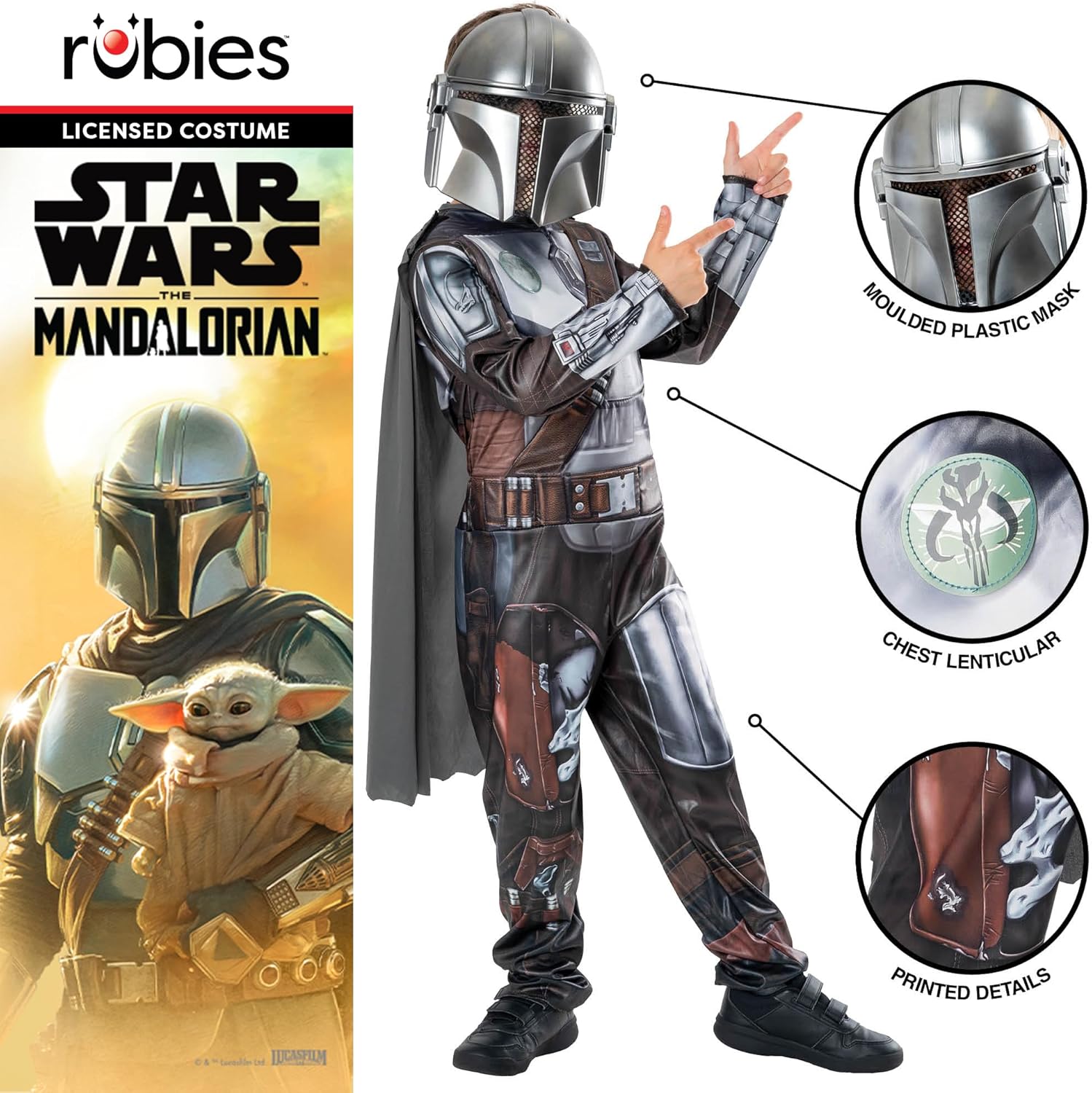Thumbnail 2 de Rubies Costume Mandalorian per Bambini: tuta imbottita, mantello e maschera con licenza ufficiale