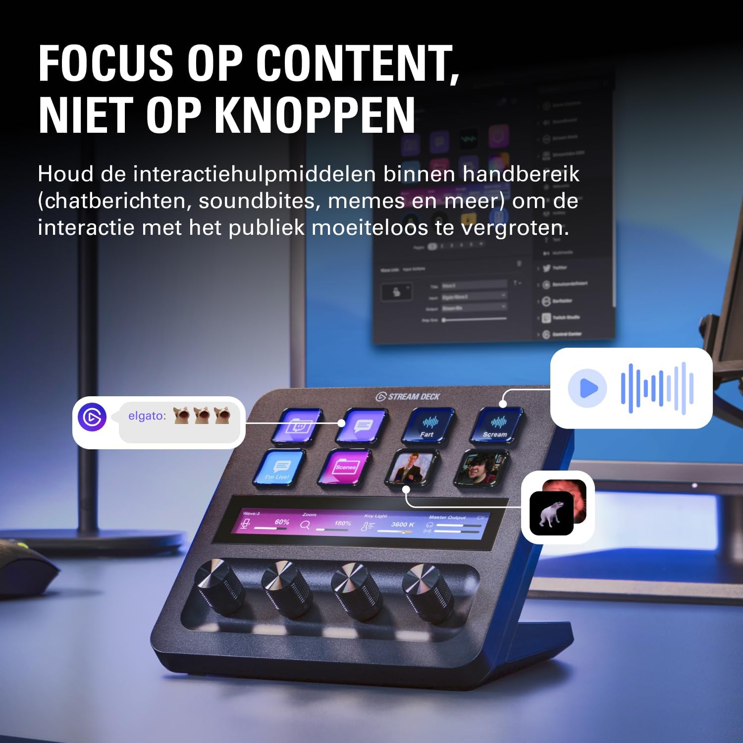 Thumbnail 6 de Elgato Stream Deck + studiocontroller en audiomixer met LCD-toetsen en draaiknoppen