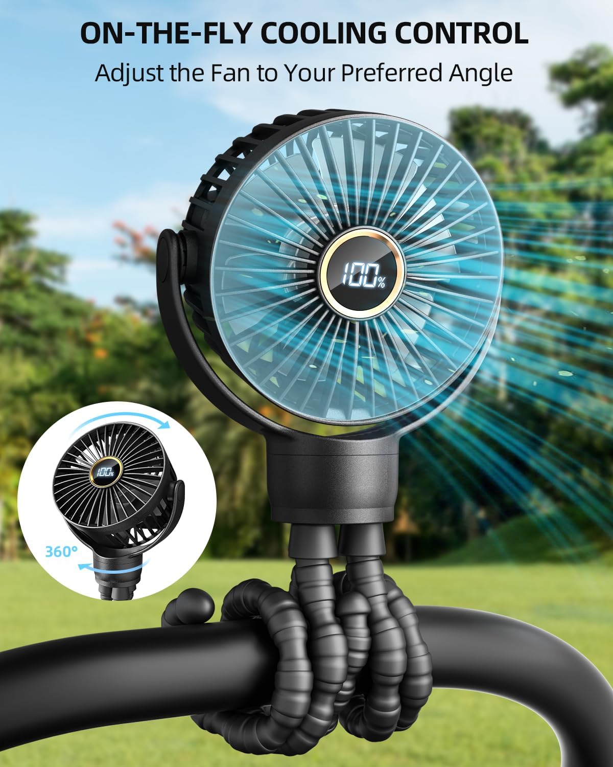 Detalle de Buywoo Portable Stroller Mini Fan — 3-Speed, 360° Rotatable, Rechargeable