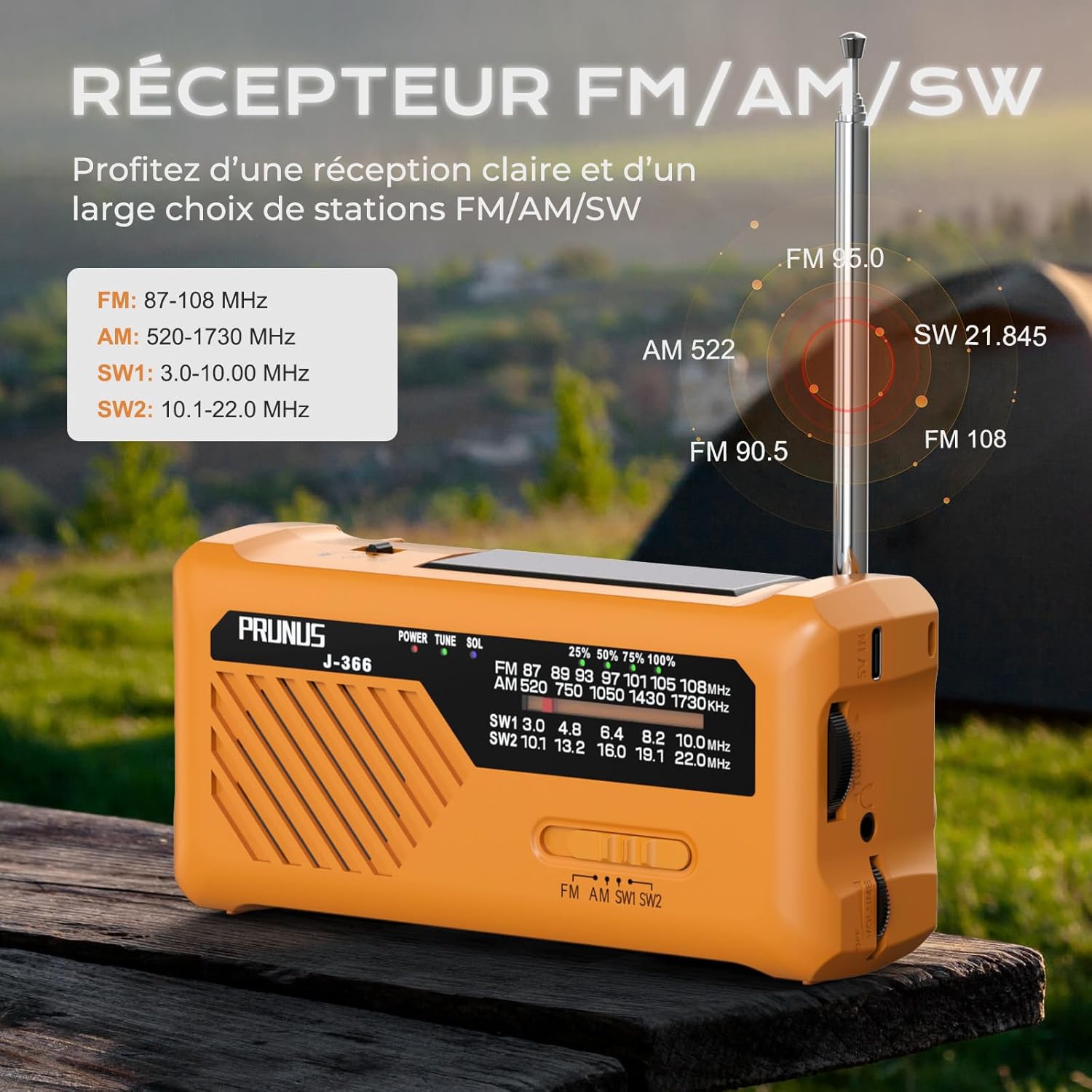 Thumbnail 1 de PRUNUS J-366 Radio à Pile Survie: Radio Portable d’Urgence à Manivelle avec Batterie 2000mAh et SOS