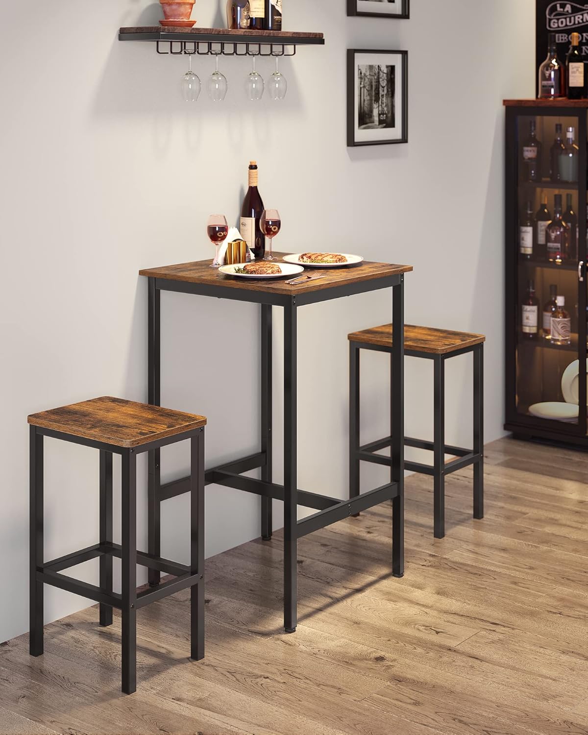 Detalle de VASAGLE Tavolo Bar con 2 Sgabelli – Set cucina compatto 60x60x90 cm, Marrone Vintage e Nero LBT017B01