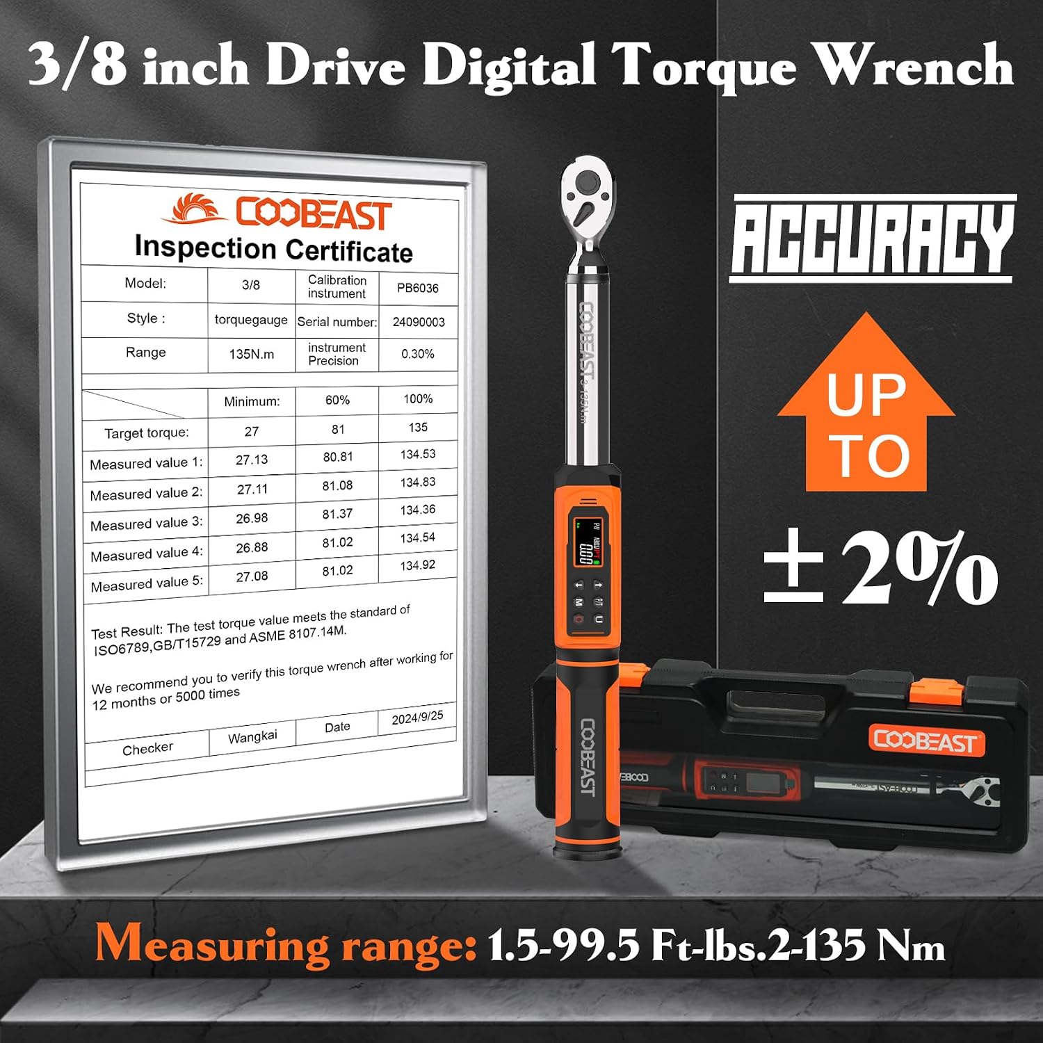 Detalle de coobeast 3-135NM Digital Torque Wrench, 3/8-Inch Drive, 1.5–99.5 ft-lb