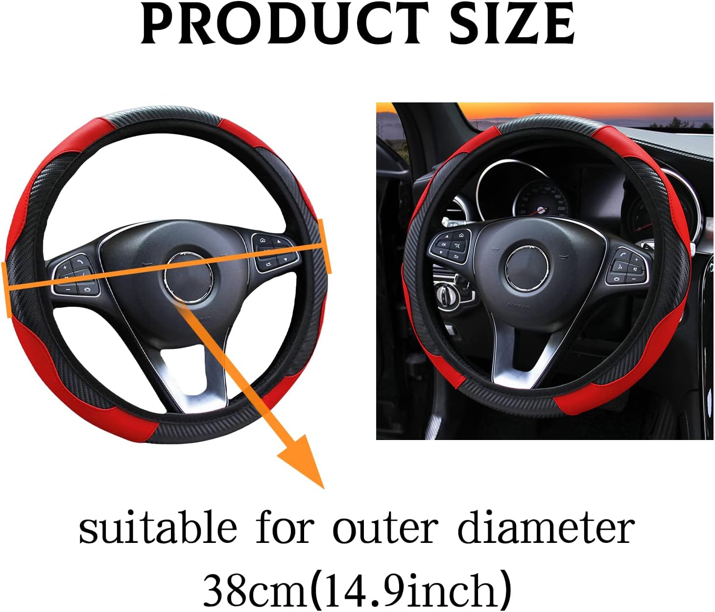 Detalle de VidFair Leather Steering Wheel Cover with Anti-slip Carbon Fibre, Universal 37–38 cm (Black-Red)