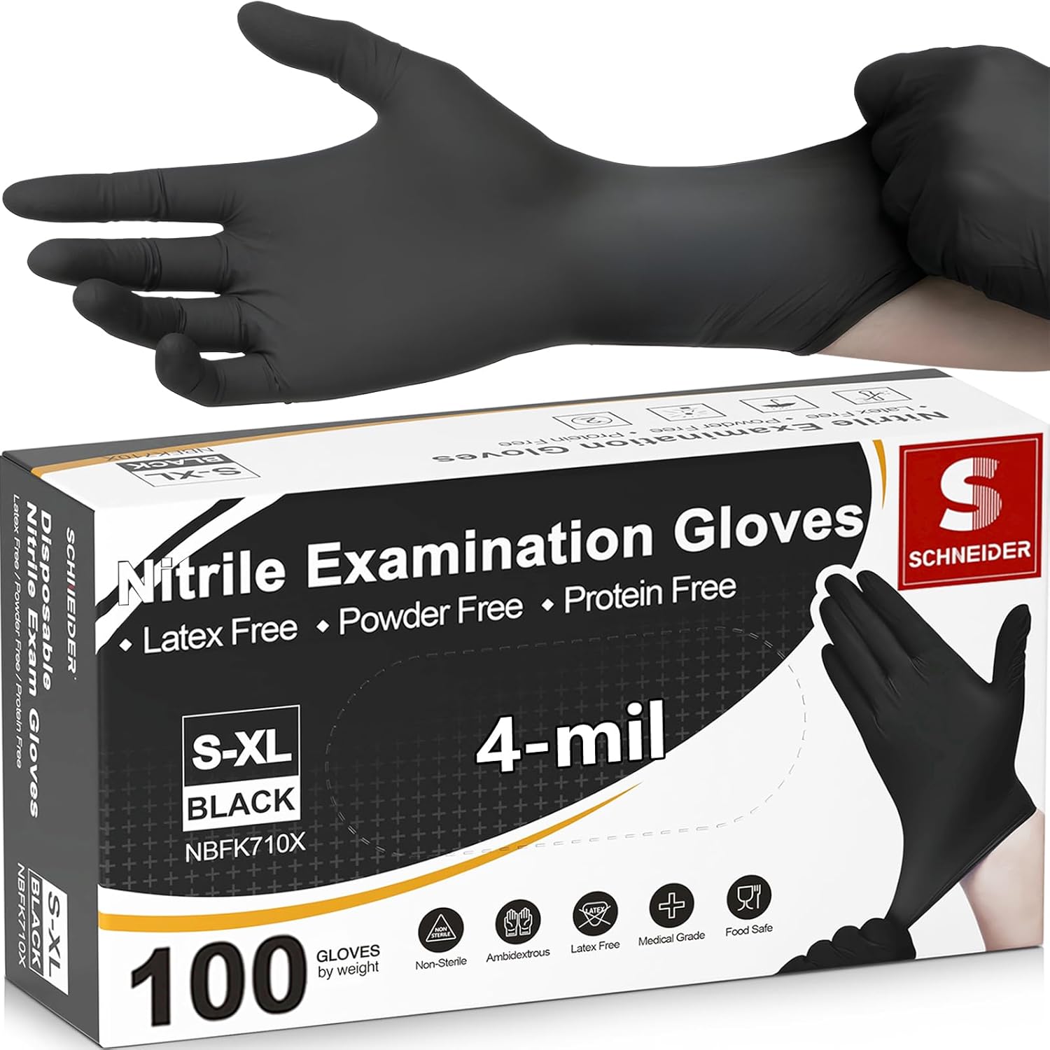 Schneider Nitrile Exam Gloves, 4 Mil Black – Latex-Free, Powder-Free, Food Safe