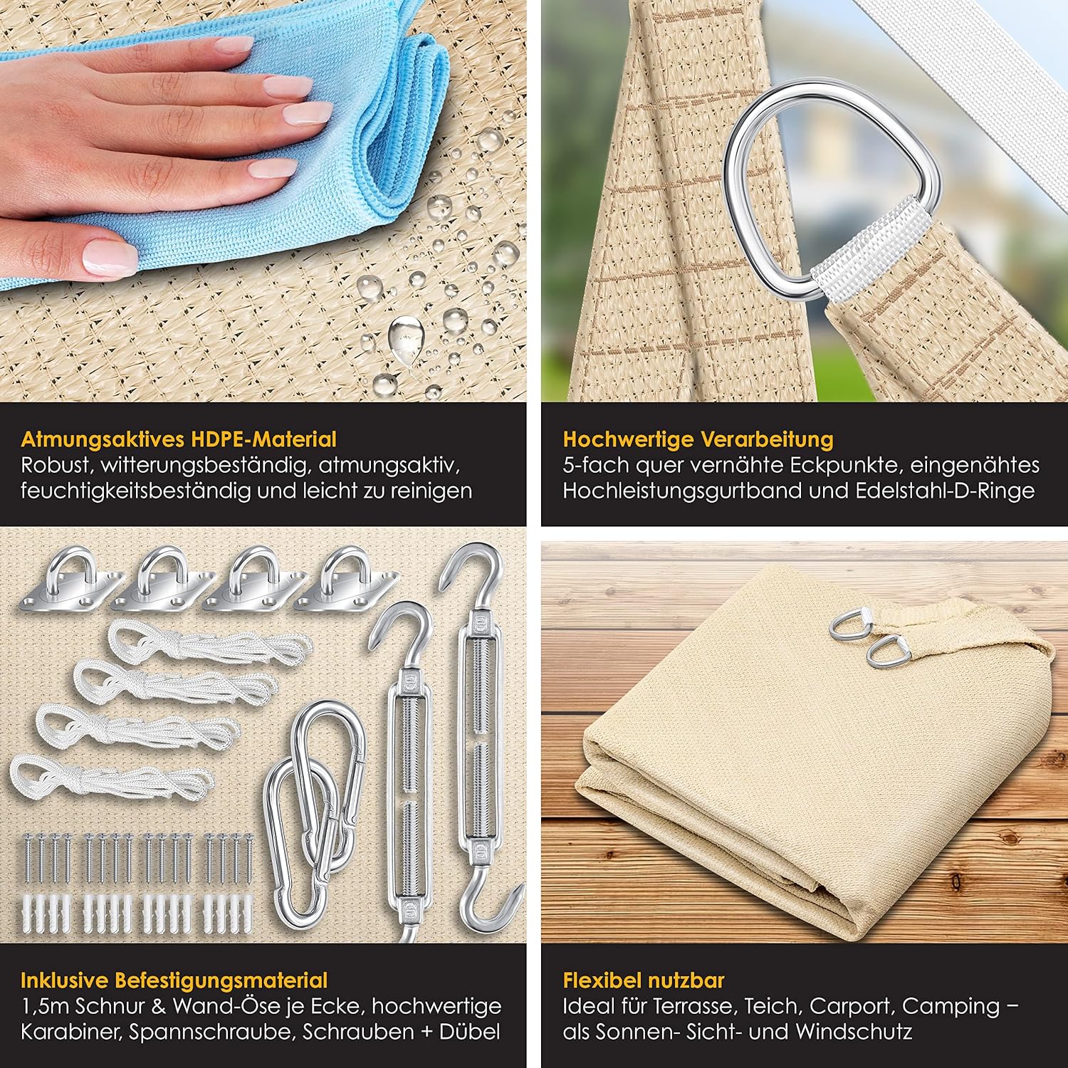 Detalle de KESSER Sonnensegel 2x4 m: HDPE-Gewebe, wasserabweisend & windabweisend, Rechteck – Creme