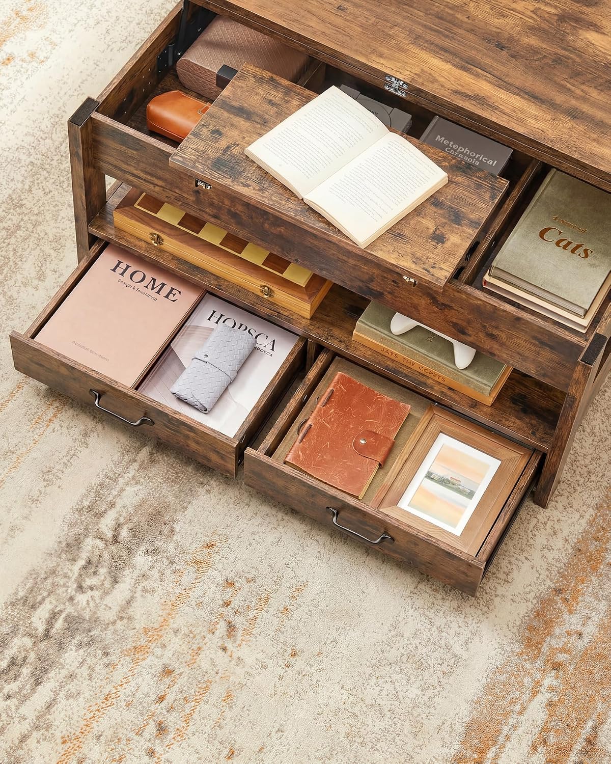 Detalle 1 de VASAGLE LCT254K201 Lift-Top Coffee Table, Vintage Brown, 2 Drawers