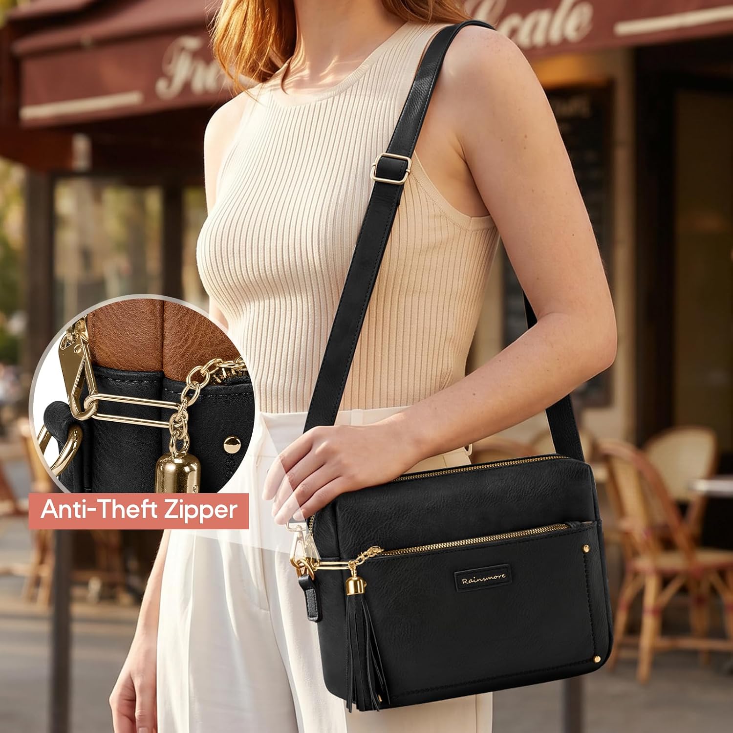 Detalle de RAINSMORE Crossbody Bag for Women – Waterproof PU Leather, Anti-Theft Zippers & 5-Compartment Design