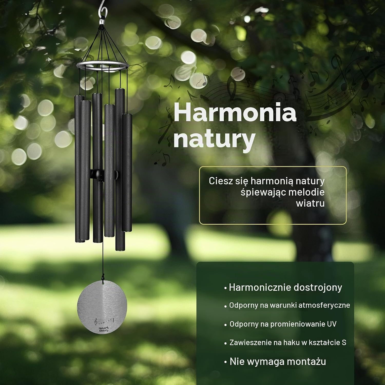 Detalle 2 de Nature's Melody Aureole Tunes – dzwonek wietrzny 80 cm, czarny, aluminiowy