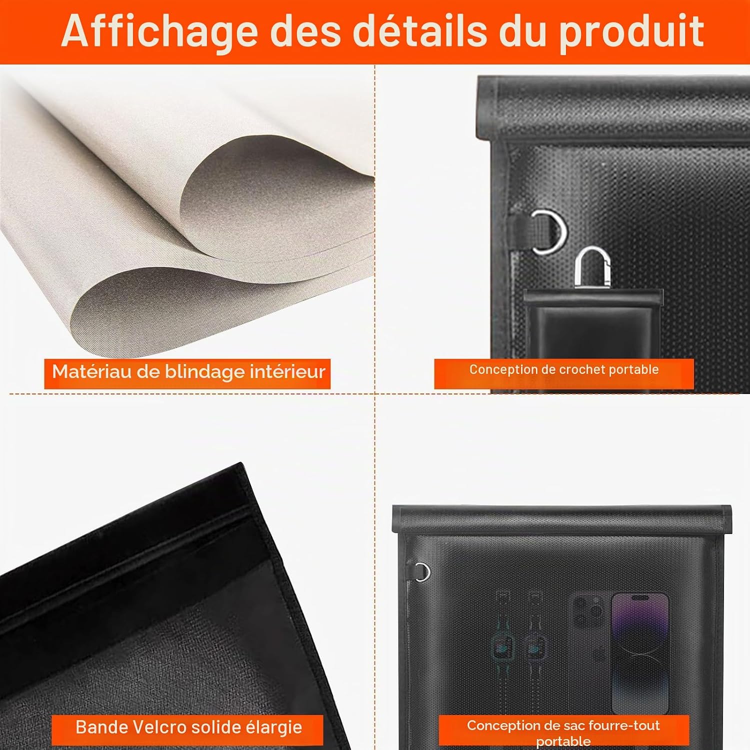 Thumbnail 3 de Inaepeak Sacs Faraday grande cage Faraday antivol – protection RFID/EMP pour téléphones, ordinateurs et clés