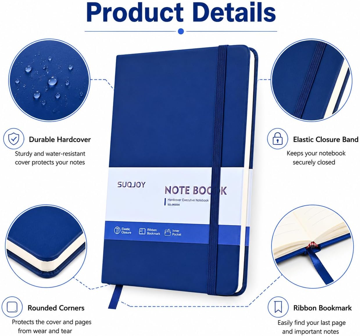 Detalle de SUQJOY A5 Lined Hardback Notebook Set (Pack of 4) with Elastic Strap, 140 x 210 mm