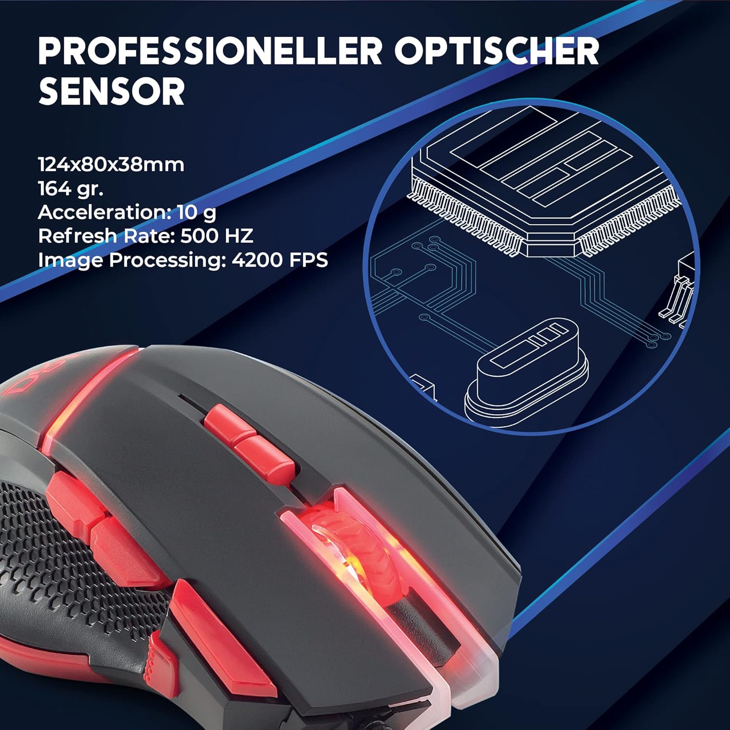 Detalle de DR1TECH Hunter Professional Gaming Maus – kabelgebundene Profi-Maus mit 5 Gewichten und 4200 DPI