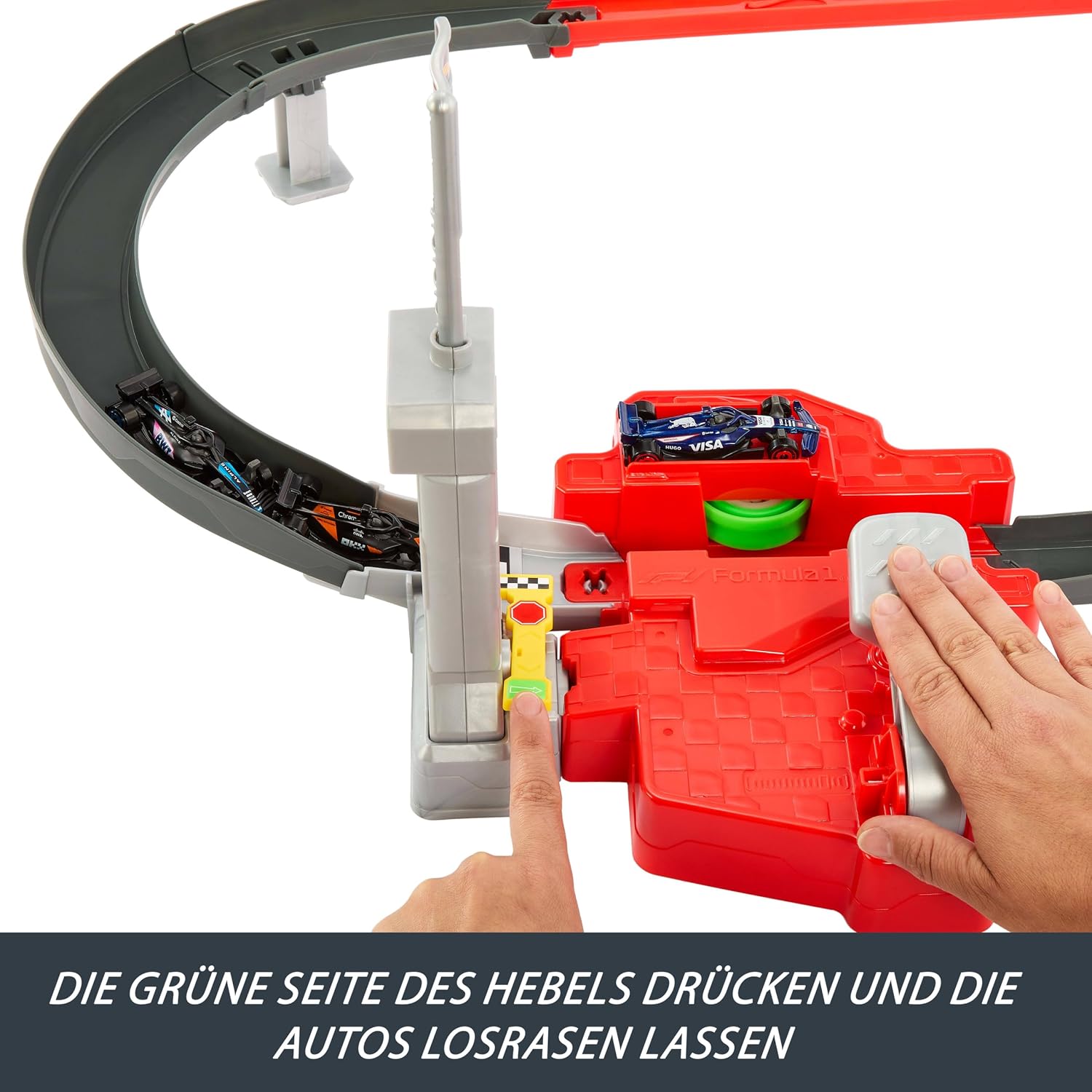 Detalle 2 de Hot Wheels Rennstrecke mit 3 1:64 Die-Cast Formel 1 Fahrzeugen – McLaren, Alpine & RB