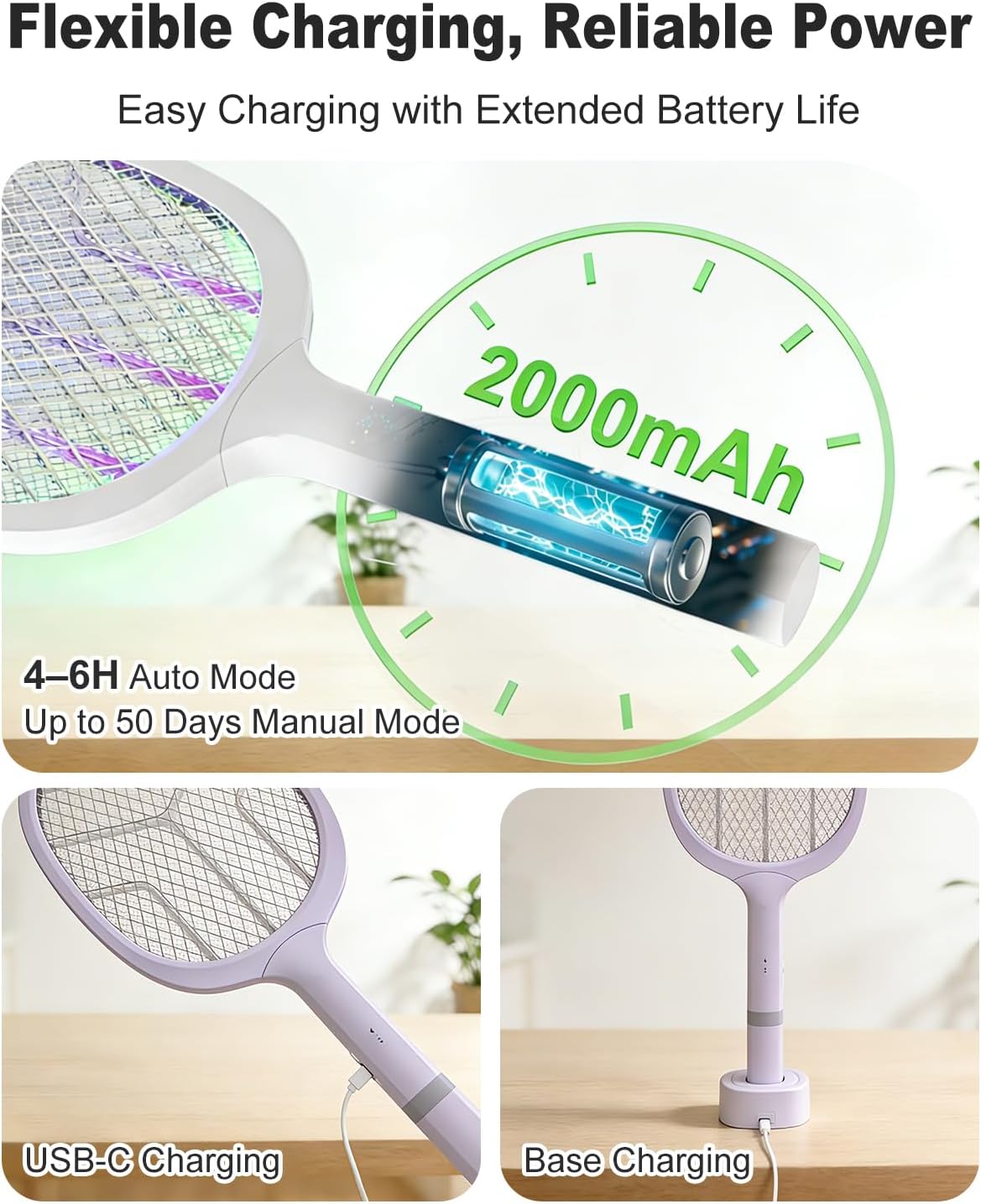 Detalle de URSICO Electric Fly Swatter 4800V / 2-in-1 Bug Zapper: Rechargeable Mosquito Killer for Indoor and Outdoor Use